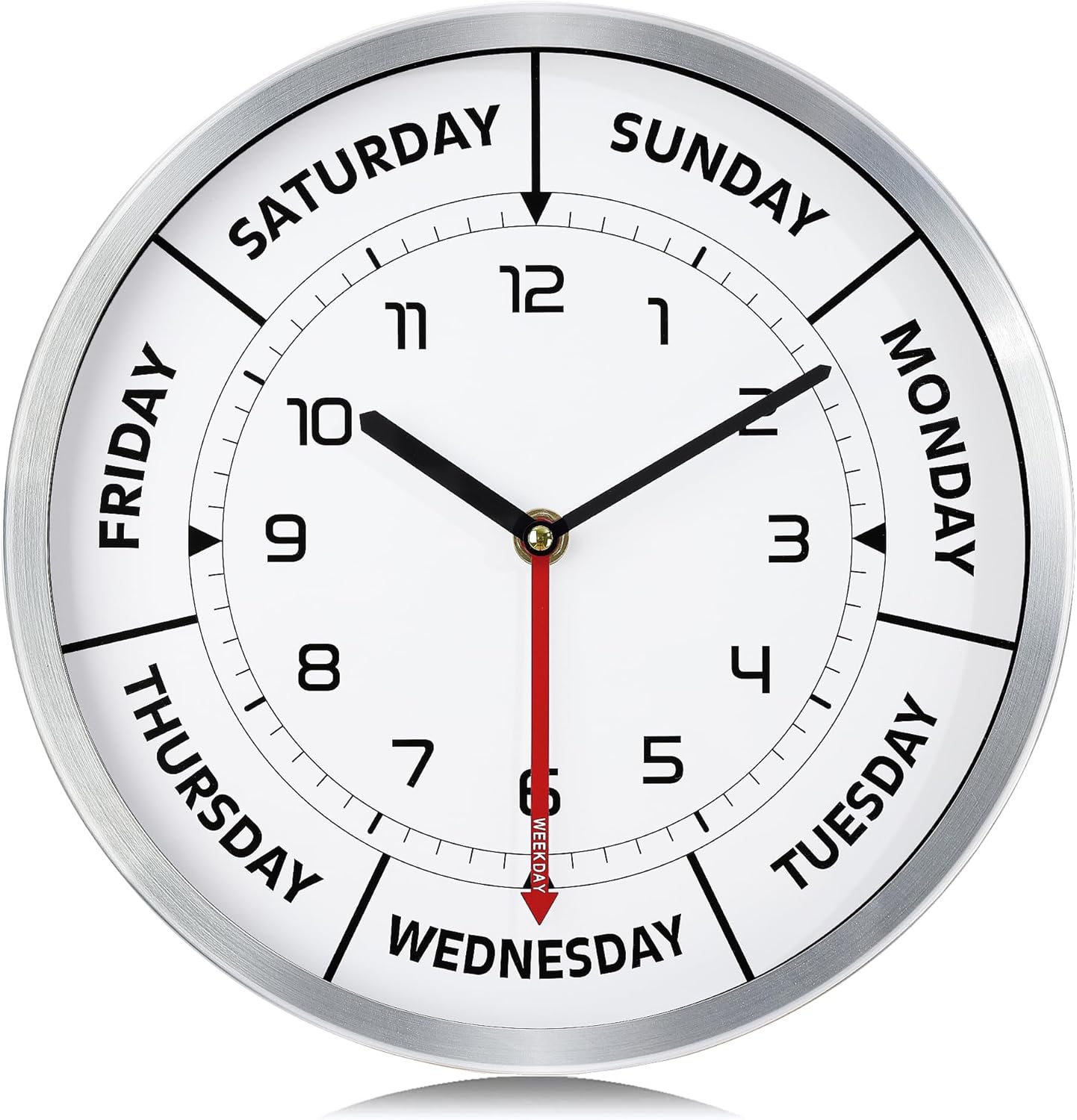 Version 3.0 Metal Day of The Week Wall Clock for Seniors 12 Inch, Silent Non Ticking Modern Silver Wall Clocks for Living Room Decor Bedroom Home, Ideal Retirement Gift for Men & Women
