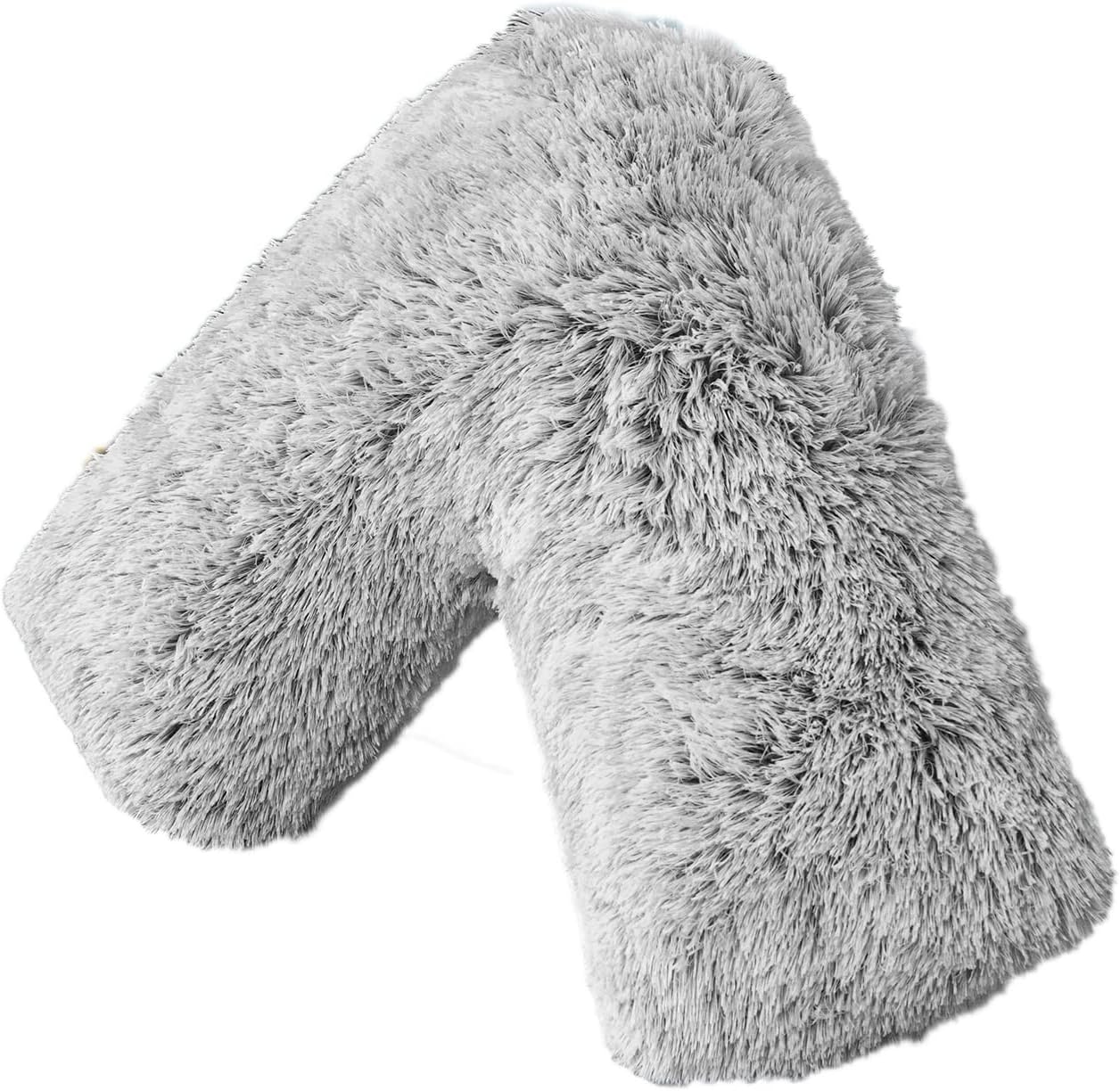 LSC Orthopedic V Pillow Soft & Fluffy Sherpa Teddy HUG & SNUG Fleece Pillows to Support Head, Neck and Back V-Shaped Nursing Pillow with Non-Allergenic Pillowcase (LIGHT GREY, 70 X 35 CM)