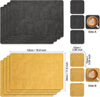 Placemats and Coasters Set of 4, Place Mats Dual Sided Faux Leather Table Mats PU Indoor Outdoor Heat Resistant Placemat Square Non Slip Wipeable Washable Dining Restaurant (Grey Yellow)
