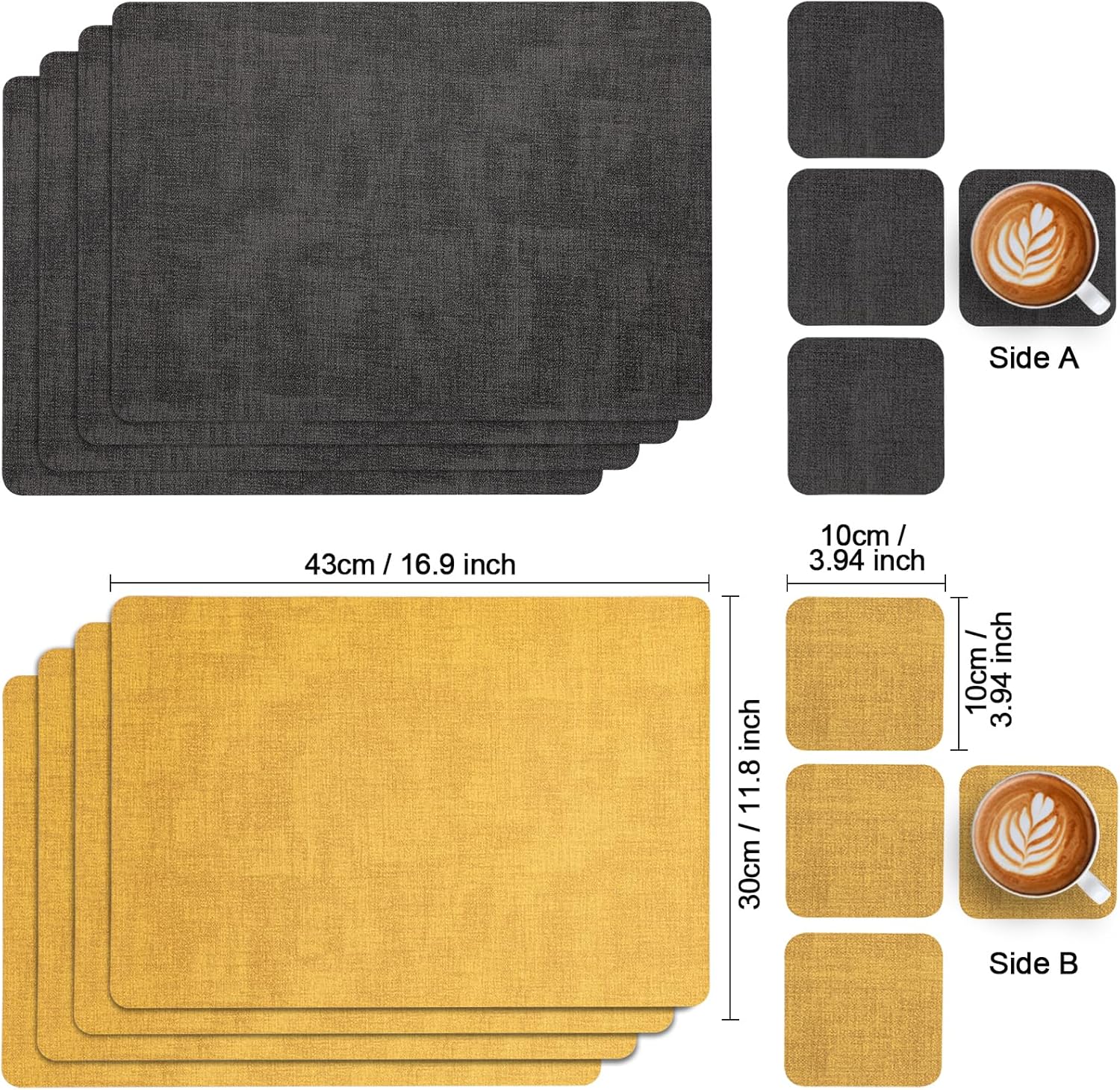 Placemats and Coasters Set of 4, Place Mats Dual Sided Faux Leather Table Mats PU Indoor Outdoor Heat Resistant Placemat Square Non Slip Wipeable Washable Dining Restaurant (Grey Yellow)