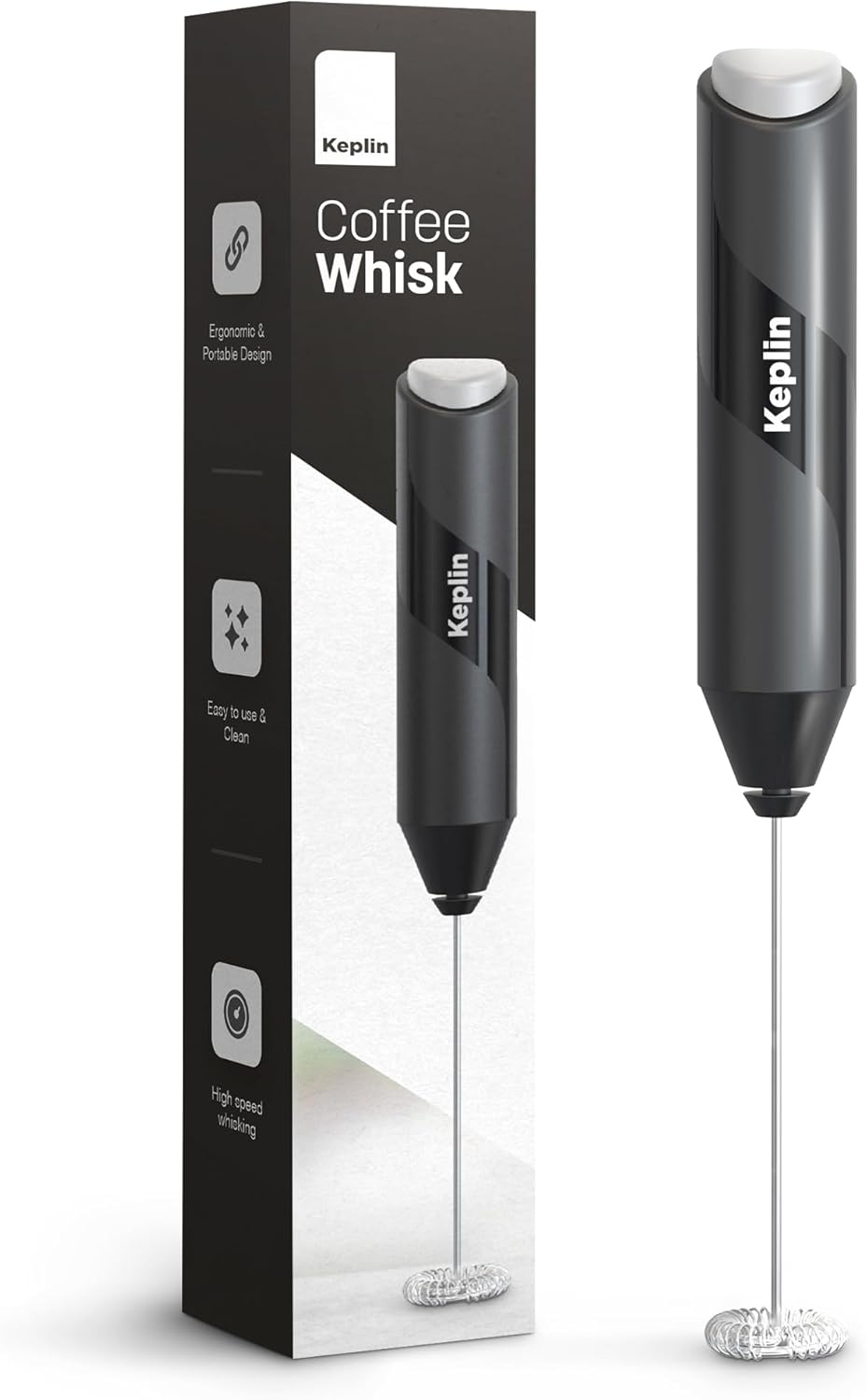 Handheld Milk Frother - Stainless Steel Electric Whisk - Portable Battery-Operated Coffee Frother for Lattes, Matcha, Protein Shakes - Ergonomic, Compact, Easy to Clean (Black)