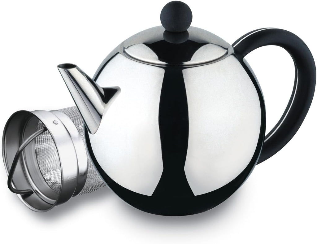 Café Ole ST-035X Rondo Stainless Steel Tea Pot Easy Pour Teapot with Infuser Basket 35oz 1000ml , Black Bakelite Handle