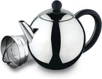 Café Ole ST-035X Rondo Stainless Steel Tea Pot Easy Pour Teapot with Infuser Basket 35oz 1000ml , Black Bakelite Handle