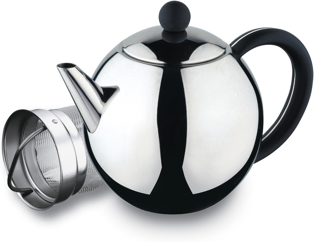 Café Ole ST-035X Rondo Stainless Steel Tea Pot Easy Pour Teapot with Infuser Basket 35oz 1000ml , Black Bakelite Handle