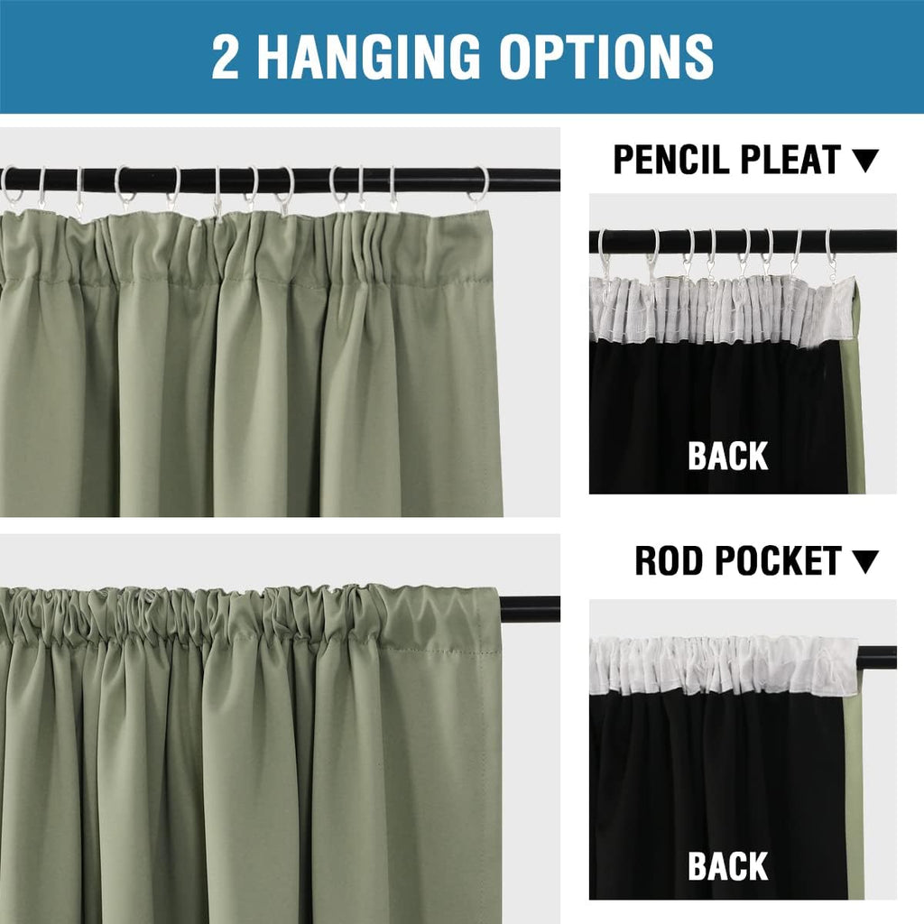 100% Blackout Curtains for Bedroom Thermal Insulated Curtains & Drapes Blackout Curtains Pencil Pleat Curtains for Living Room with Black Liner 2 Panels, 66 x 72 Inch, Light Sage