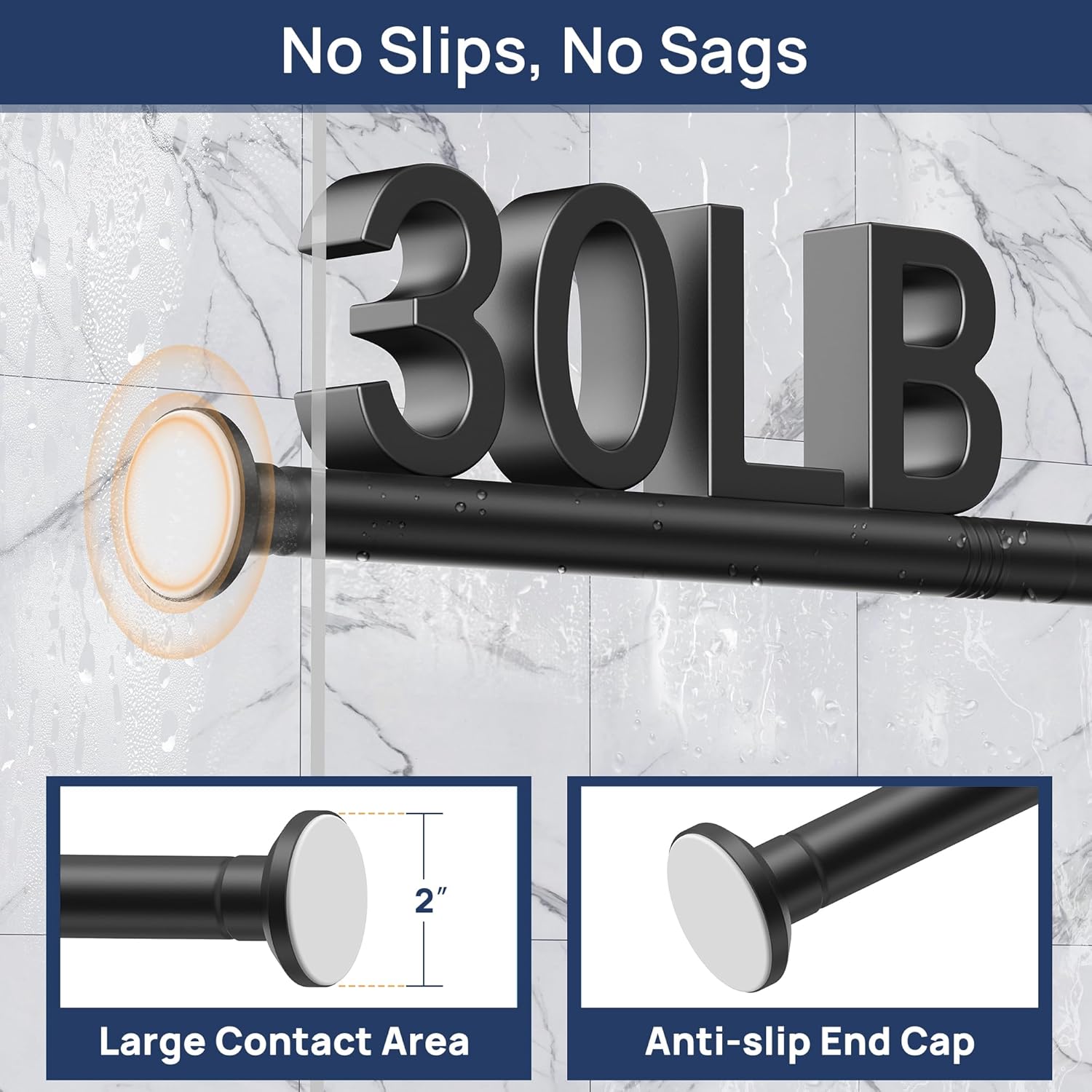 Matte Black Shower Curtain Pole 84 to 183 cm, 1 Inch Extendable Tension Rods for Curtains No Drill, Shower Rail for Bathroom, Closet, Window, Room Divider, Never Rust, Non Slip
