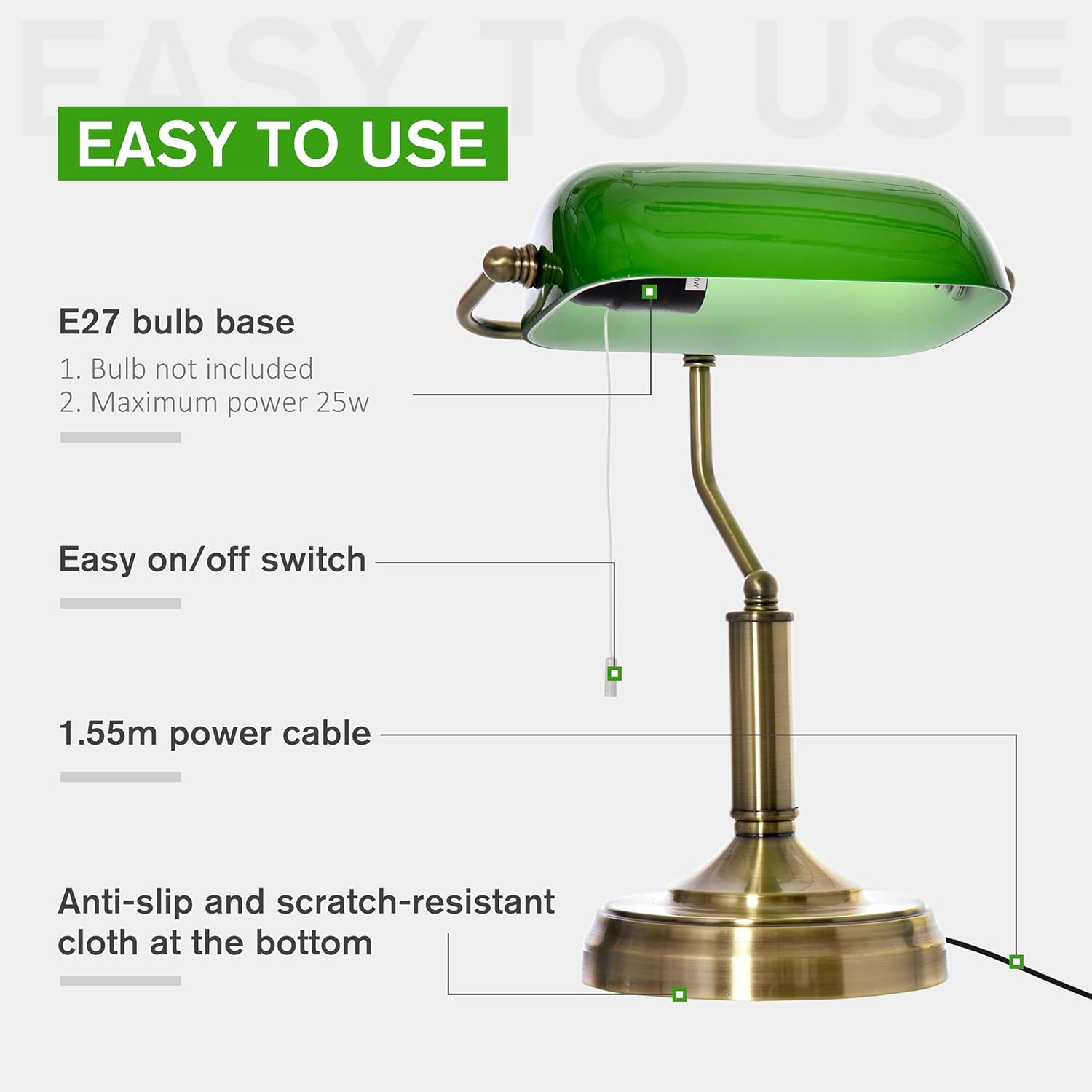 Banker's Table Lamp Desk Lamp with Antique Bronze Tone Base, Green Glass Shade and Pull Rope Switch for Home Office, Living Room, Bedroom, Dining Room, Green