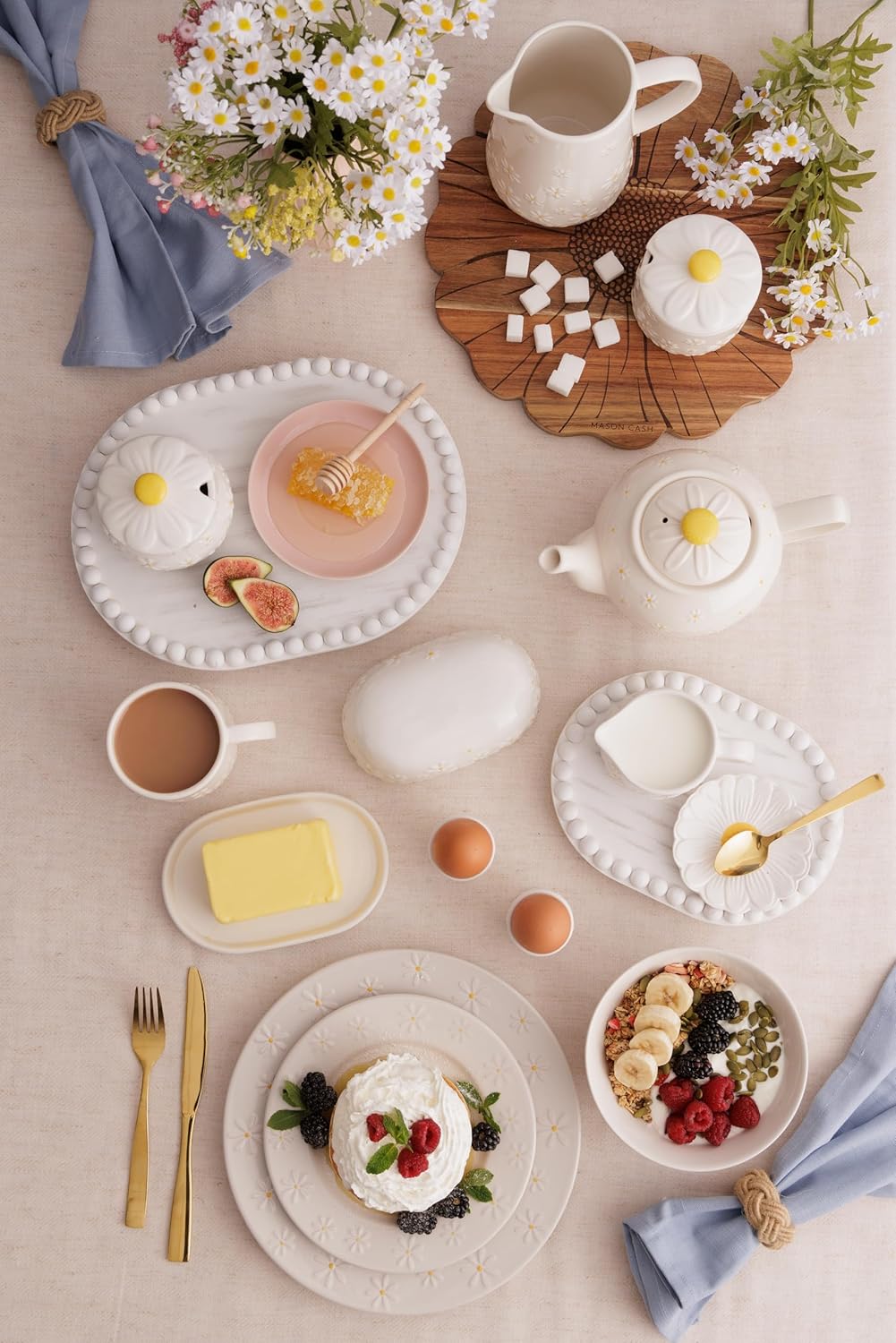 Daisy Set of 2 Egg Cups | Ceramic Egg Holders with Embossed Daisy Design | Dishwasher & Microwave Safe