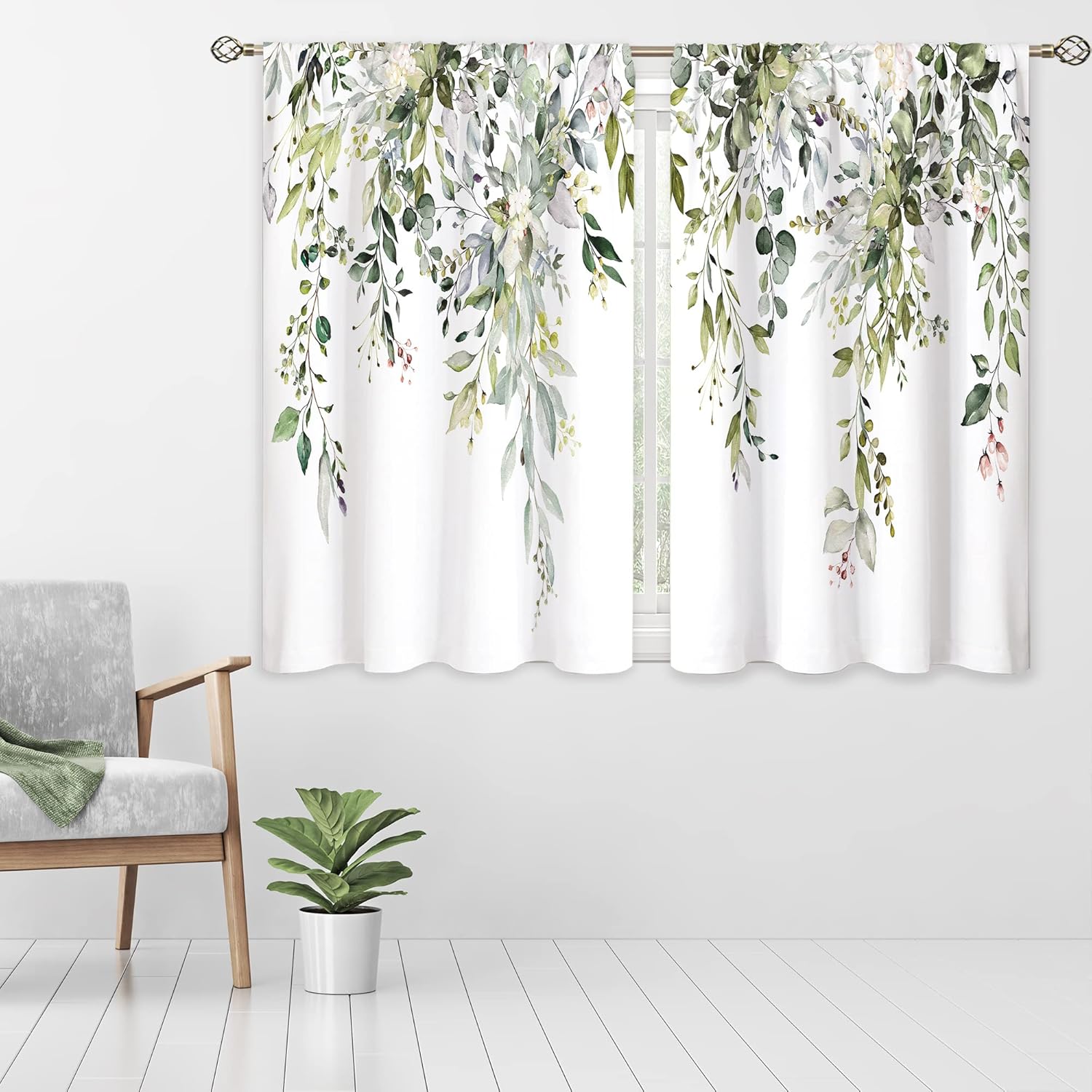 Eucalyptus Botanical Leaves Floral Kitchen Window Curtains Over Sink Boho Farmhouse Flower Leaf Small Window Treatment Sage Green Cafe Short Curtains for Bathroom Tier Drapes 27.5x39 inch