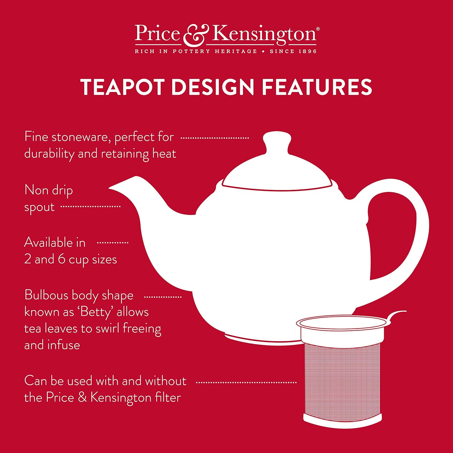 Teapot | Stoneware, Red, 10 Cup