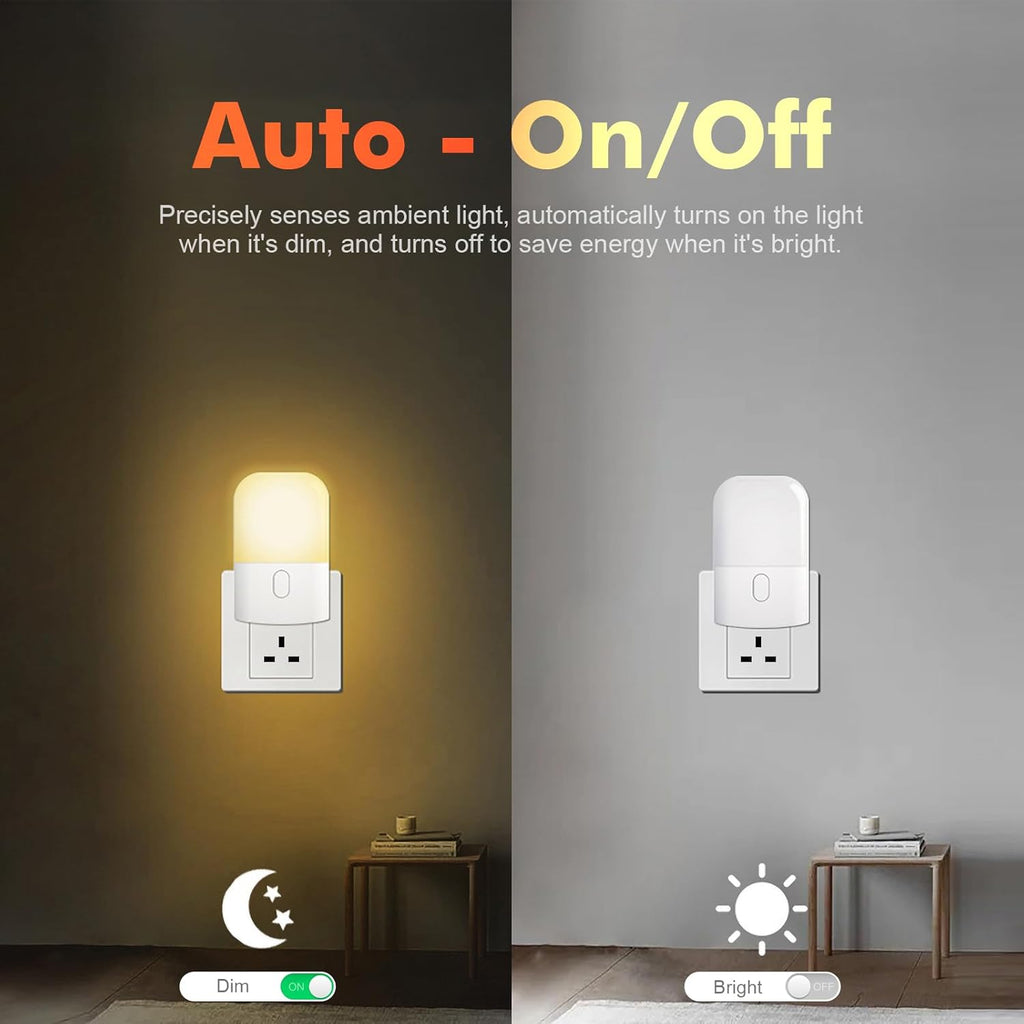 GD103UK-1 Night Light Plug in Wall with Dusk to Dawn Photocell Sensor, 4 Levels Brightness Adjustable, Night Light Kids for Children's Room, Hallway, Bedrooms, Garage, Warm White