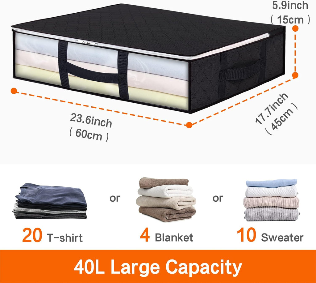 4 Pack Underbed Storage Bags 40L Foldable Clothes Bag Large Capacity Storage Containers with Clear Window Reinforced Handles Zippered Organizer for Comforters Blankets Bedding, Black