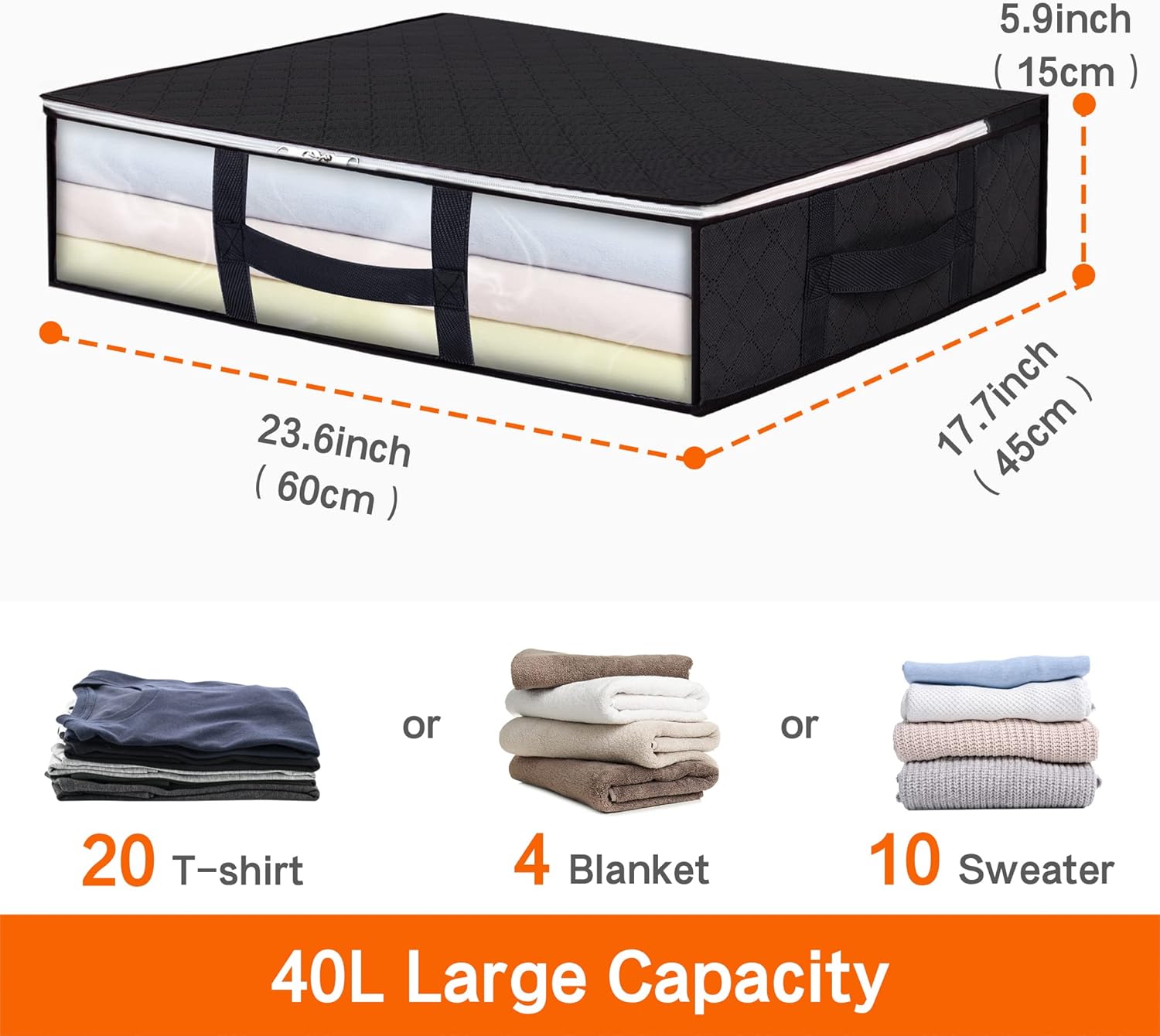4 Pack Underbed Storage Bags 40L Foldable Clothes Bag Large Capacity Storage Containers with Clear Window Reinforced Handles Zippered Organizer for Comforters Blankets Bedding, Black