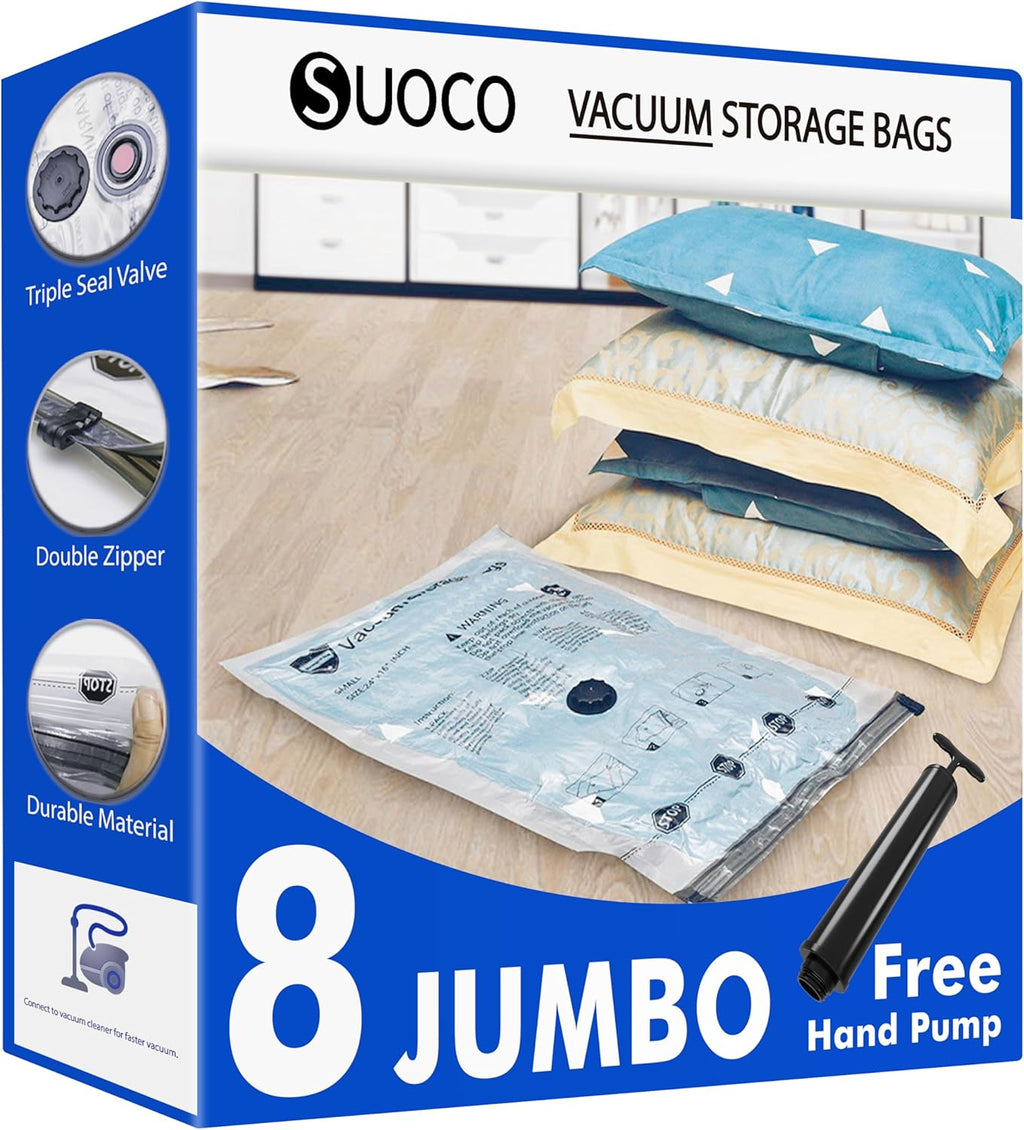 Vacuum Storage Bags 8 Jumbo, Space Saver Bags with Travel Hand Pump, Compression Airtight Sealer Bags for Clothes, Bedding, Pillows, Comforters, Blankets