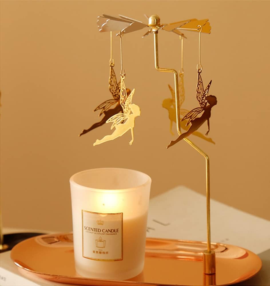Spinning Candle Holder with Tray, Golden Candle Spinner,Rotating Metal Tea Light Candle Holder for Table Centerpiece Valentine's Day, Xmas Party Decor or Gift (Elf)