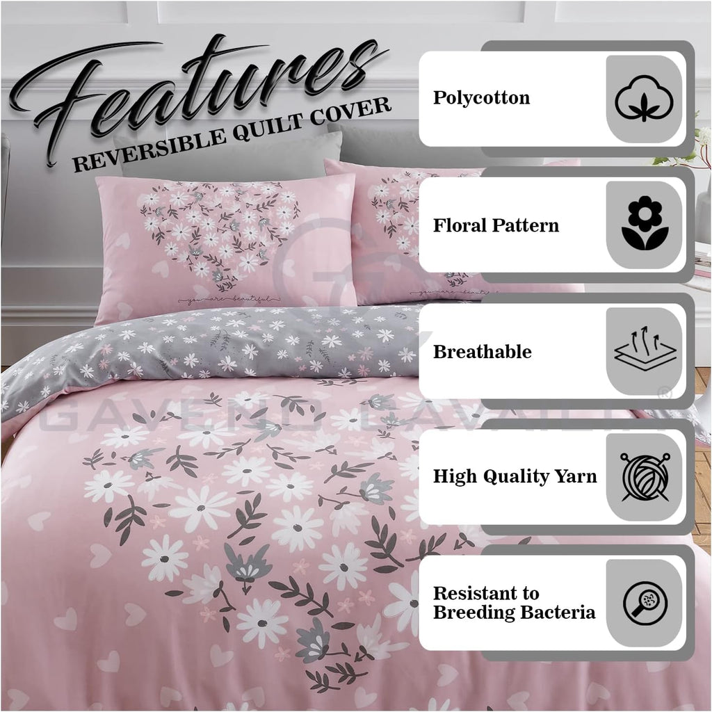 Premium Heart Duvet Cover Single Pink, Soft Printed Bedding Sets, Warm & Cosy Quilt Covers, 705864