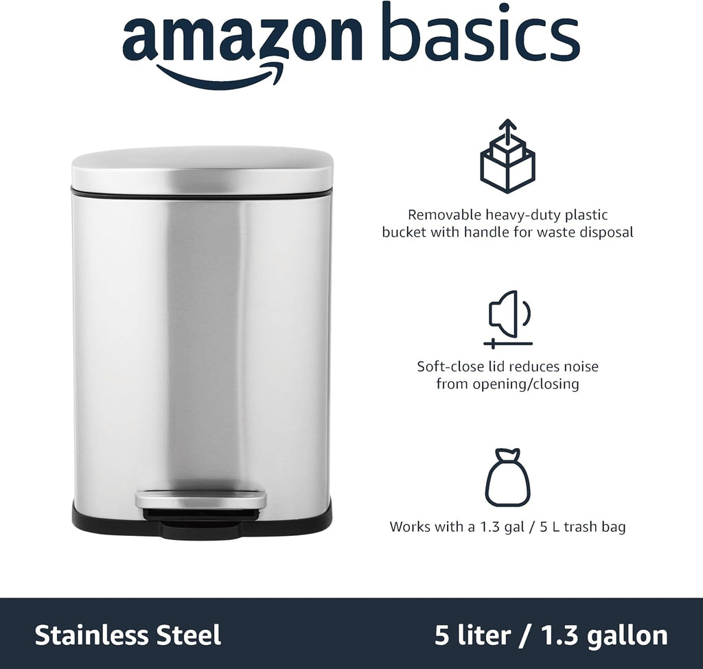 Smudge Resistant Mini Rectangular Trash Can With Soft-Close Foot Pedal, Brushed Stainless Steel, for Bathroom & small space, 5 L /1.32 Gal, Satin Nickel Finish, 7.3x8.5 x11.8 in (LxWxH)