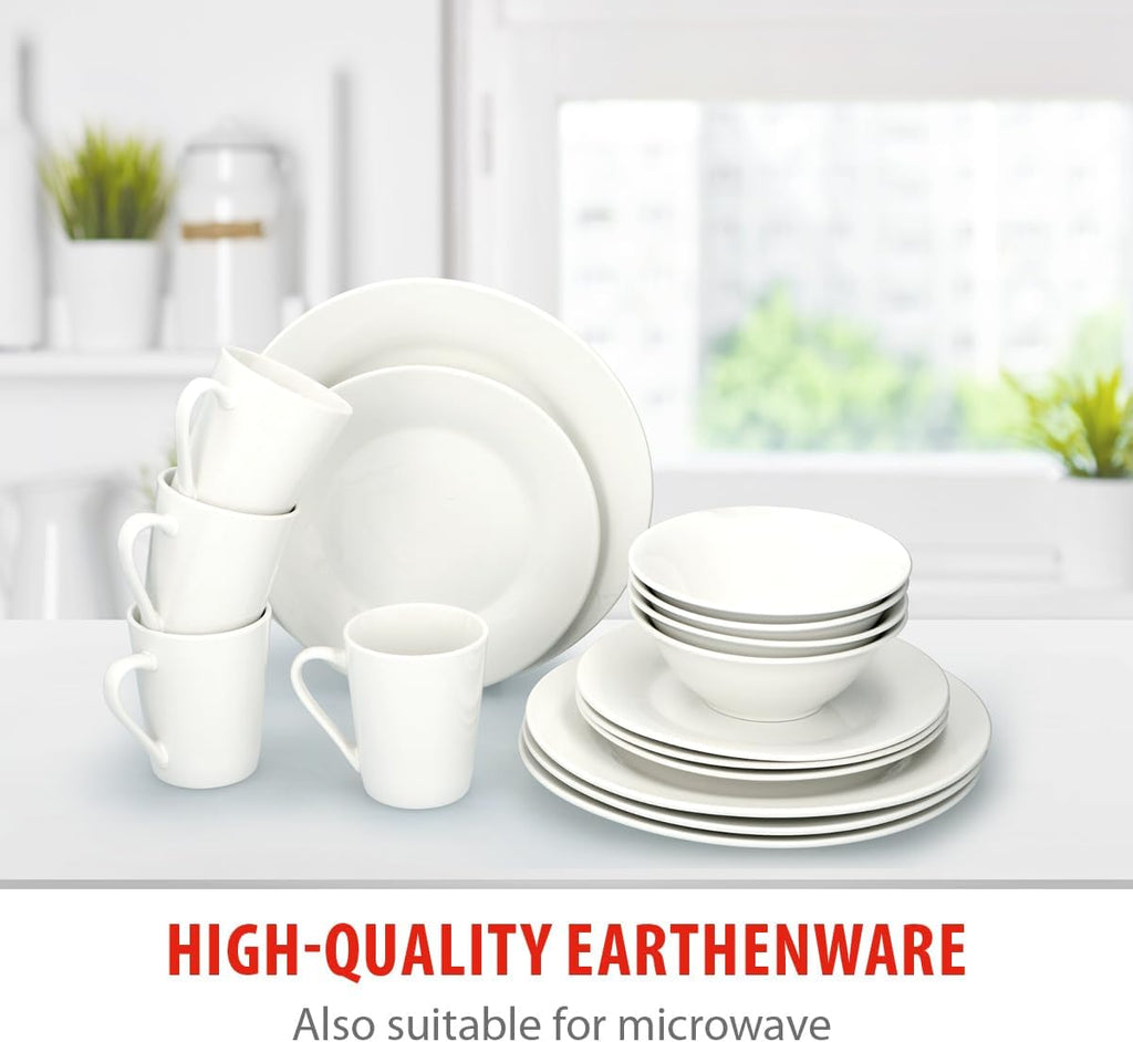 alpina Dinner Set for 4 People - Plates and Bowls Set - Earthenware Tableware - Dinner Plates, Dessert Plates, Bowls and Mugs - Microwave and Dishwasher Safe - White