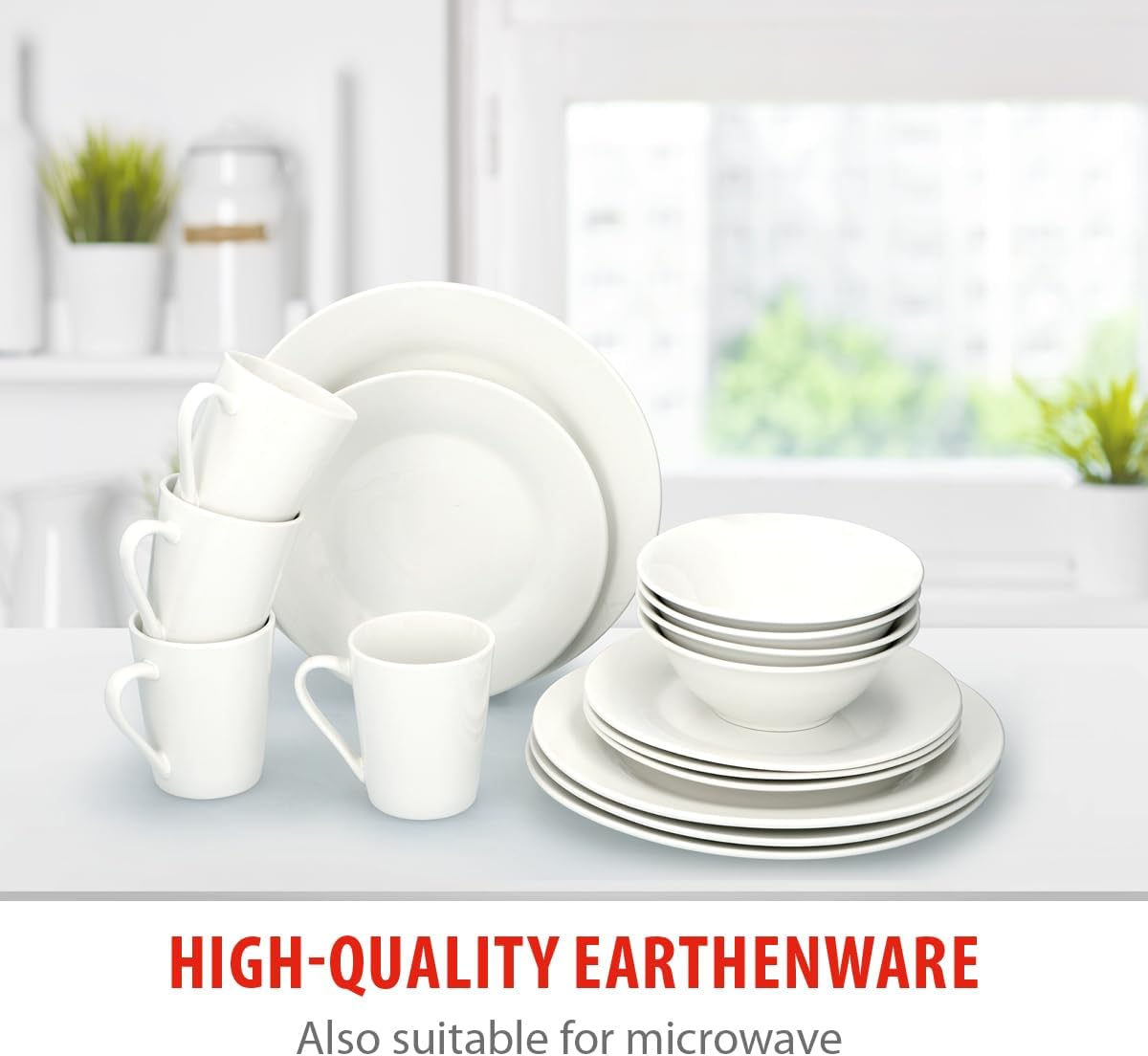 alpina Dinner Set for 4 People - Plates and Bowls Set - Earthenware Tableware - Dinner Plates, Dessert Plates, Bowls and Mugs - Microwave and Dishwasher Safe - White