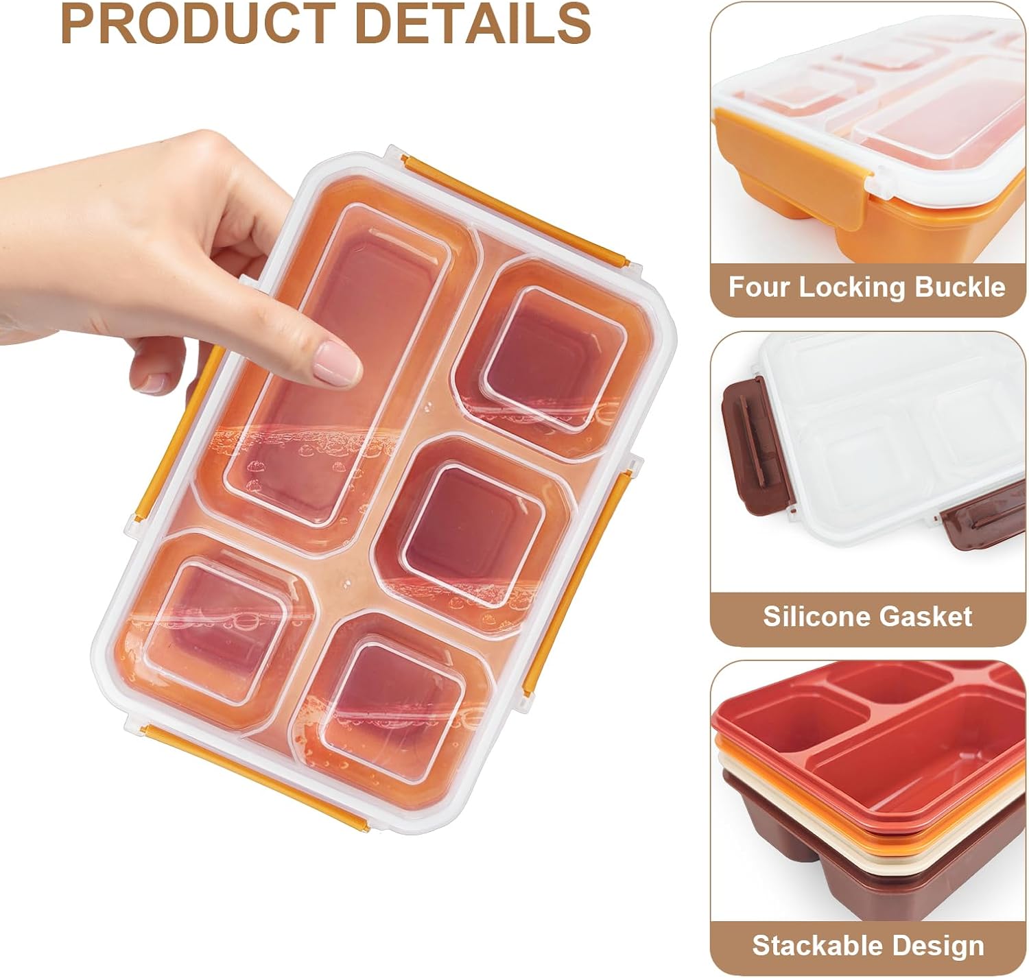 4 Pack Snack Containers, Reusable 5 Compartments Bento Snack Box, Meal Prep Lunch Containers for School Work Travel, Divided Food Storage for Kids Adults