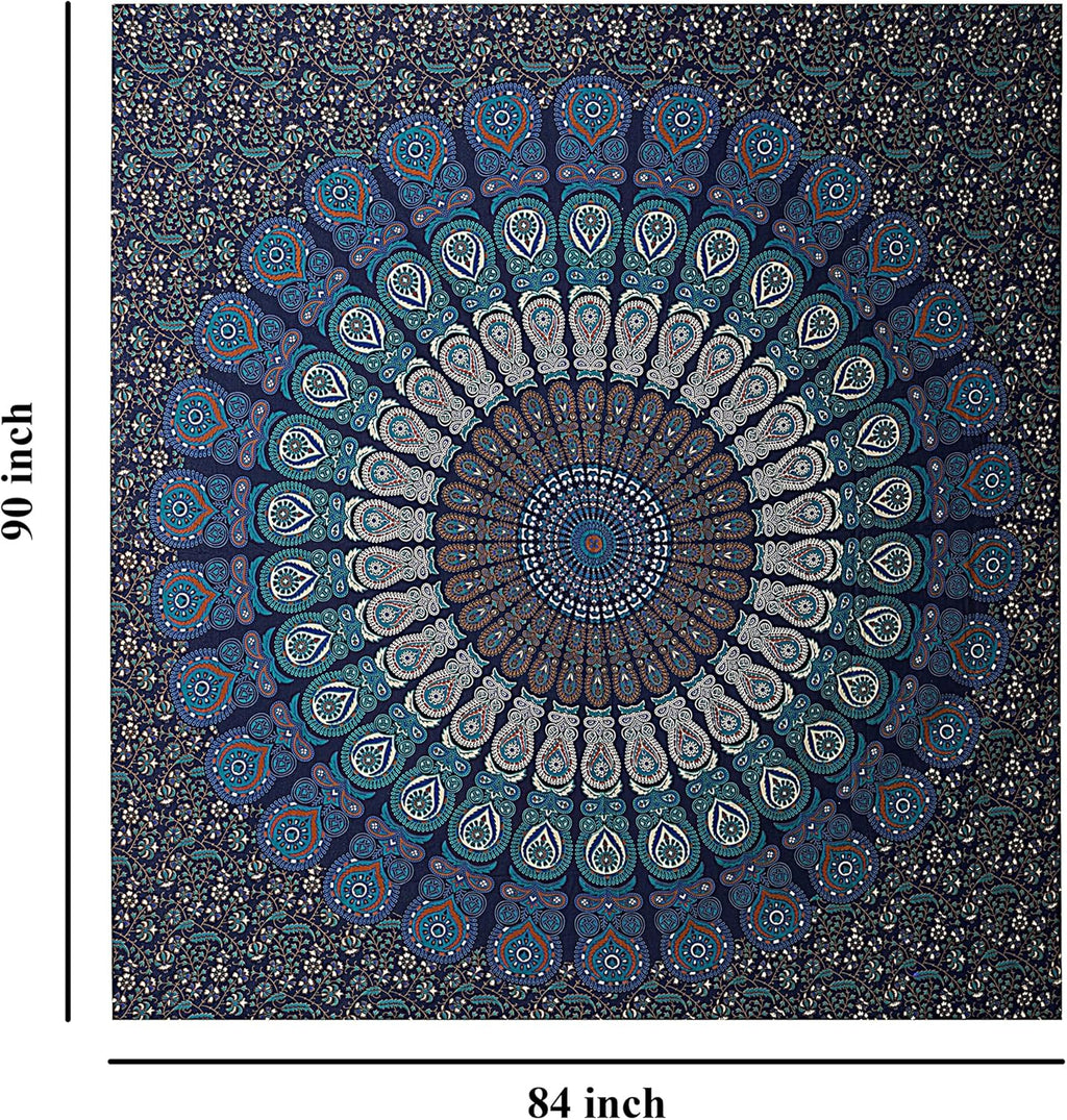FURNISHFUL FINESSE Peacock Mandala Tapestry for Bedroom Indian Aesthetic Bohemian Wall Hangings Tapestries Hippie Tapestry Psychedelic Room Decor Bedspread Meditation Yoga Mat - 213x228 CM, Navy Blue