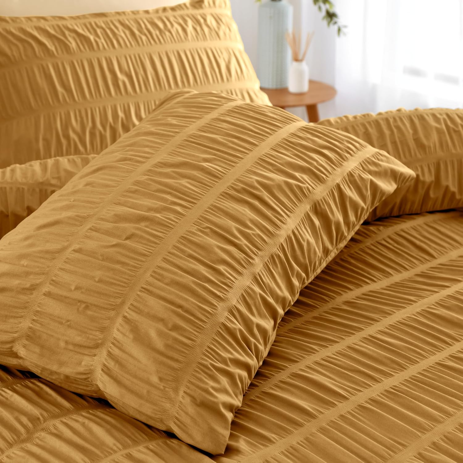 Seersucker King Duvet Cover Set with Pillowcases Caramel