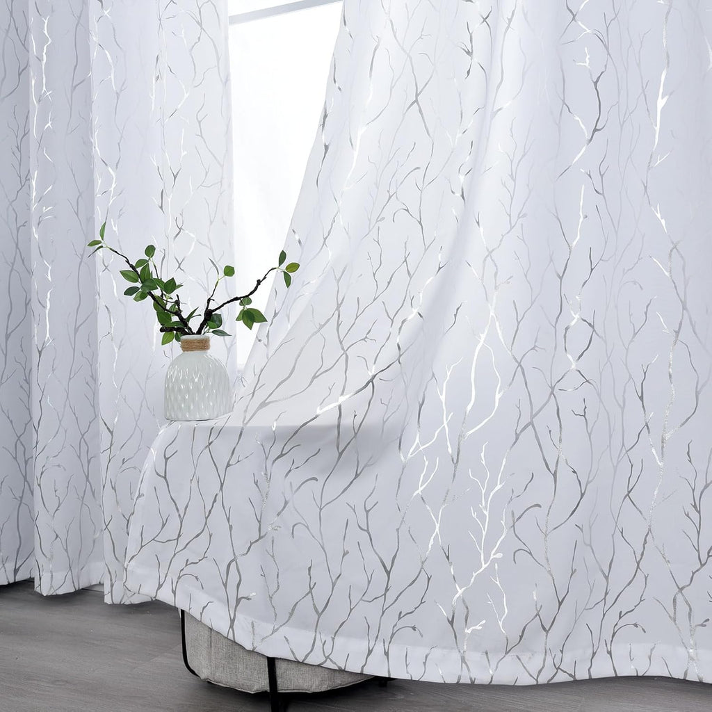 Kotile Silver Tree Branch Curtains 63 Inch Length, Metallic Shimmer White Curtains for Bedroom, Grommet Top Privacy Semi-Sheer, 52 x 63 Inch, 2 Panels