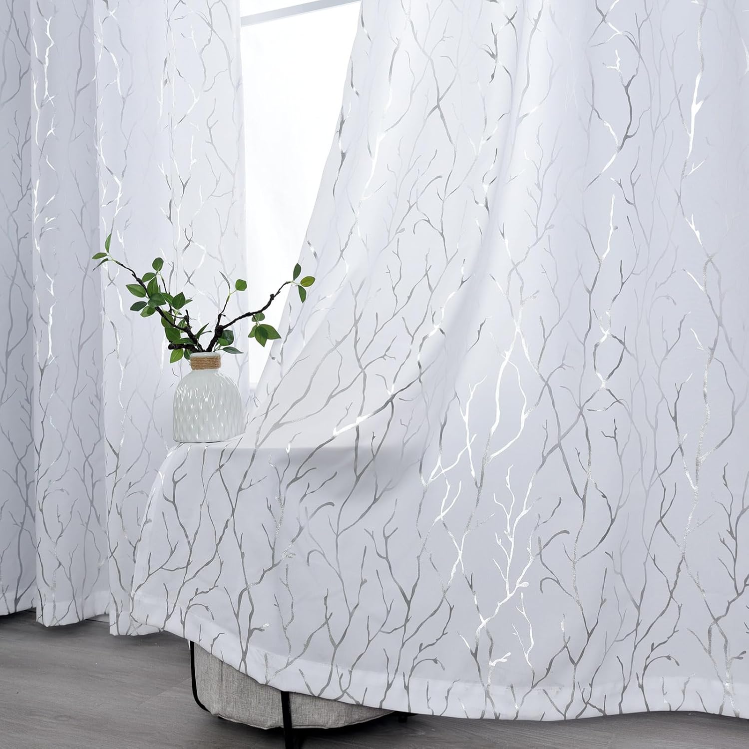 Kotile Silver Tree Branch Curtains 63 Inch Length, Metallic Shimmer White Curtains for Bedroom, Grommet Top Privacy Semi-Sheer, 52 x 63 Inch, 2 Panels