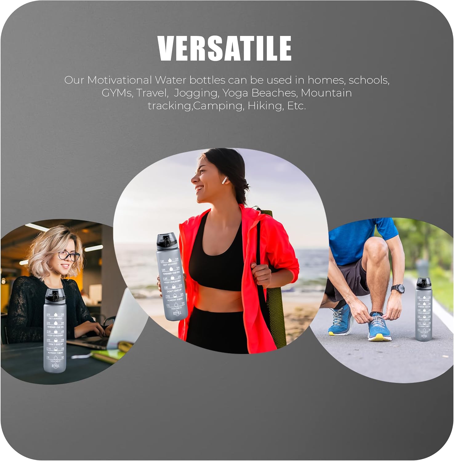 Water Bottle 1L, Sports Water Bottle with Time Markings, BPA-Free, Leak-Proof Drinks Bottle, Perfect for Running, Cycling, Gym, Yoga, Camping and Outdoor Activities, Grey