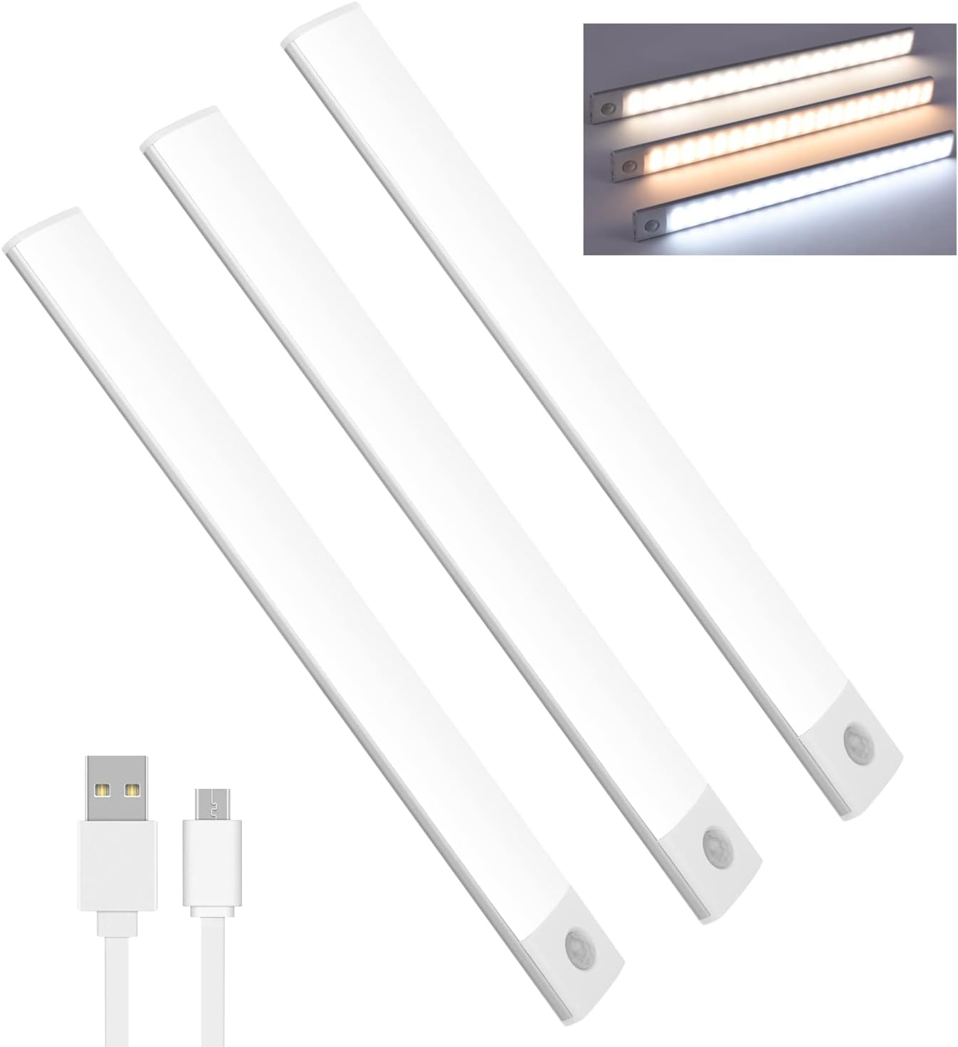 Motion Sensor Lights Indoor (30cm), 3 Pack 60 LED Under Cabinet Lights 6000K, USB Rechargeable Battery Powered Night Lights with Magnetic Strip for Kitchen, Wardrobe, Garage, Stairs, Bedroom