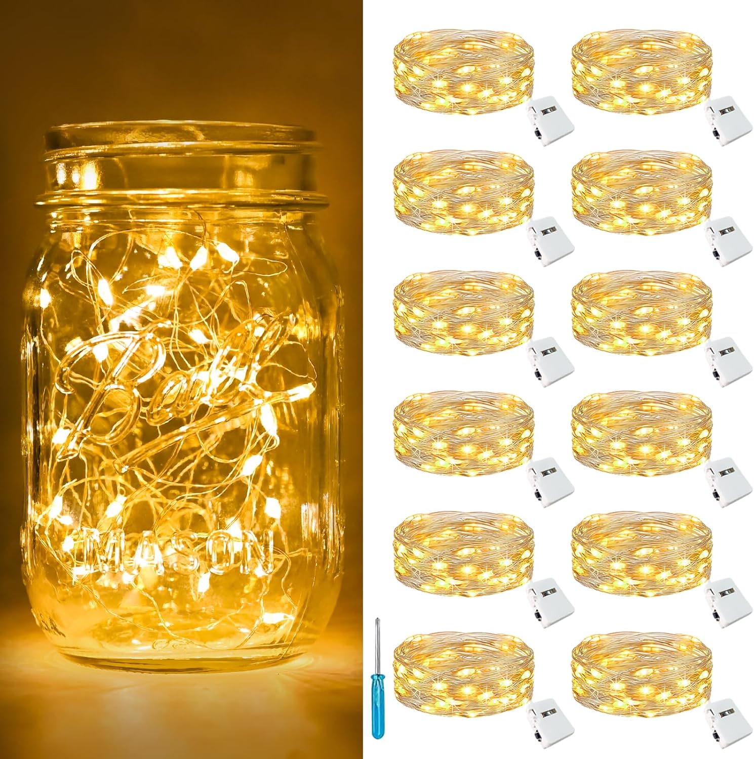 12 Pack 3 Modes LED Fairy Lights Battery Operated, 2M 20LED Mini String Lights Battery Powered IP65 Waterproof Silver Wire Small Fairy Lights Indoor Outdoor for Jars, Christmas, Party, Bedroom Main image