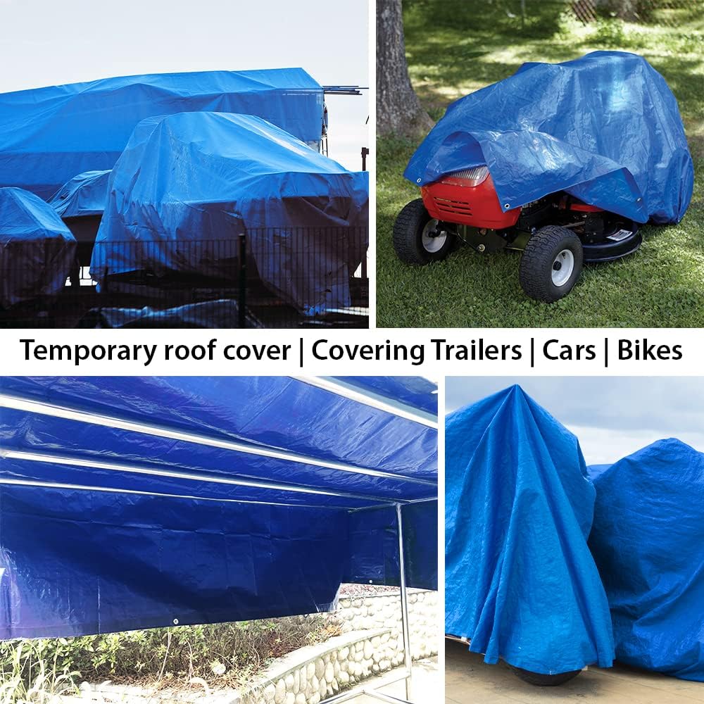 Tarpaulin 3m x 4m Water-resistant Tarp Large Camping Cover Sheet – Multipurpose Groundsheet with UV Protection, Weatherproof & Frost-Resistant – Reinforced Eyelets - Blue