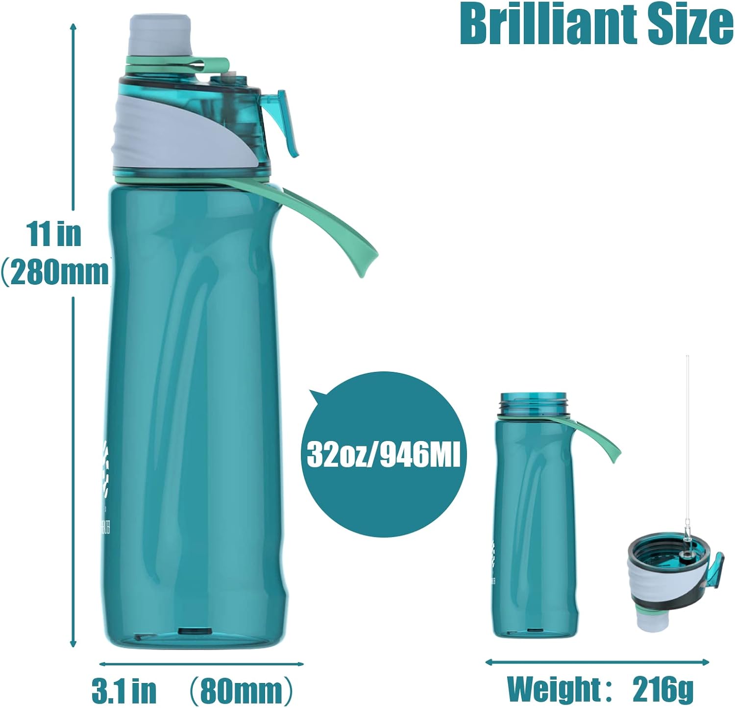 950ml Spray Water Bottles for Kids Water Bottle with Spray Mist Leakproof Misting Drinking Bottle for Cycling Hiking Climbing Outdoor Sport Hydration Cooling(Blue)