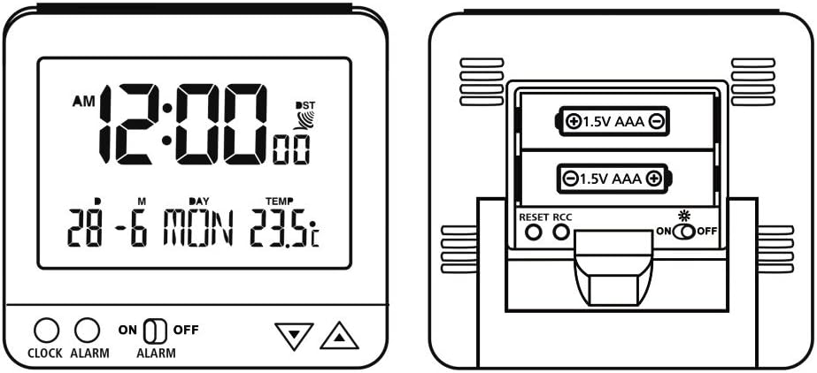Radio-Controlled Alarm Clock RC550 (Sensor-controlled Night Light, Snooze, Temperature and Date Display) Plastic, White, 9.5 cm
