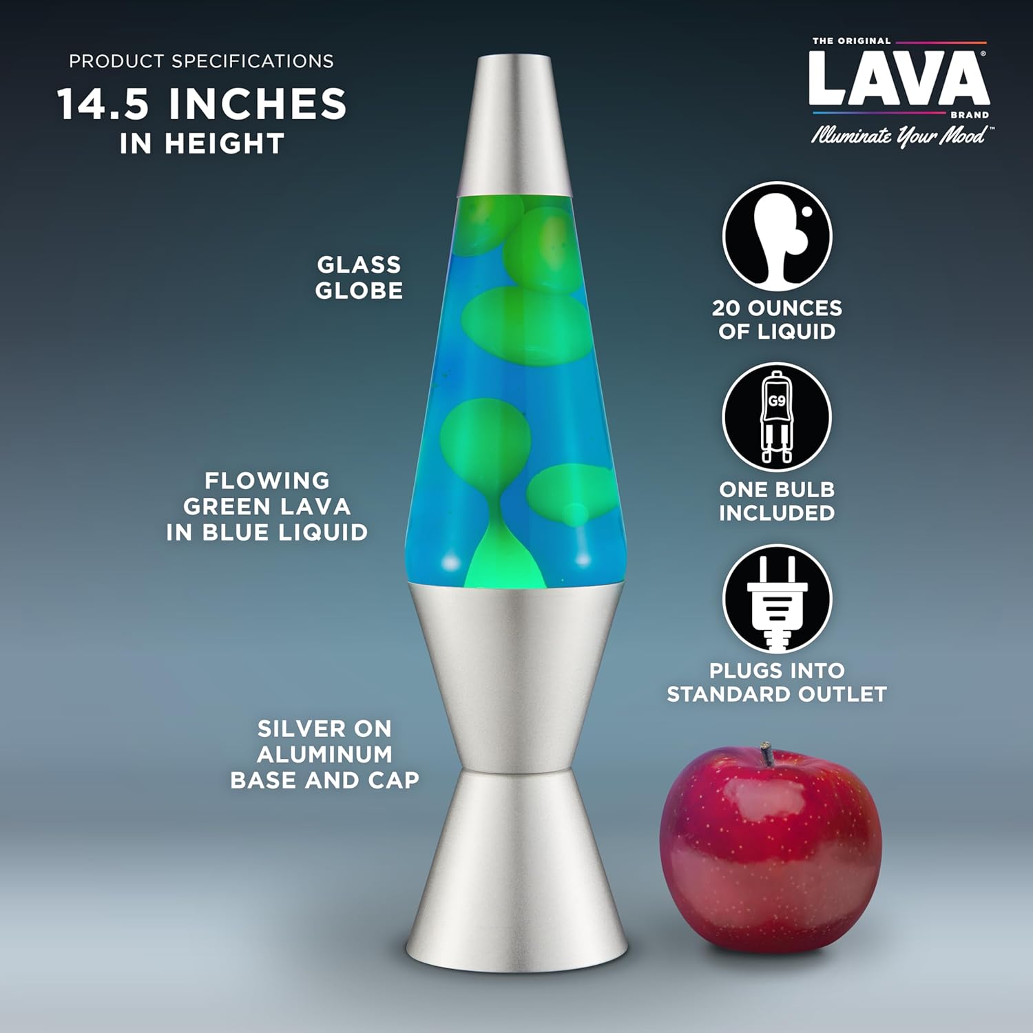 Lava Lamp 2124, Green Wax, Blue Liquid, Silver Base and Cap, Original 14.5 inch LAVA® Motion Lamp to Illuminate Your Mood