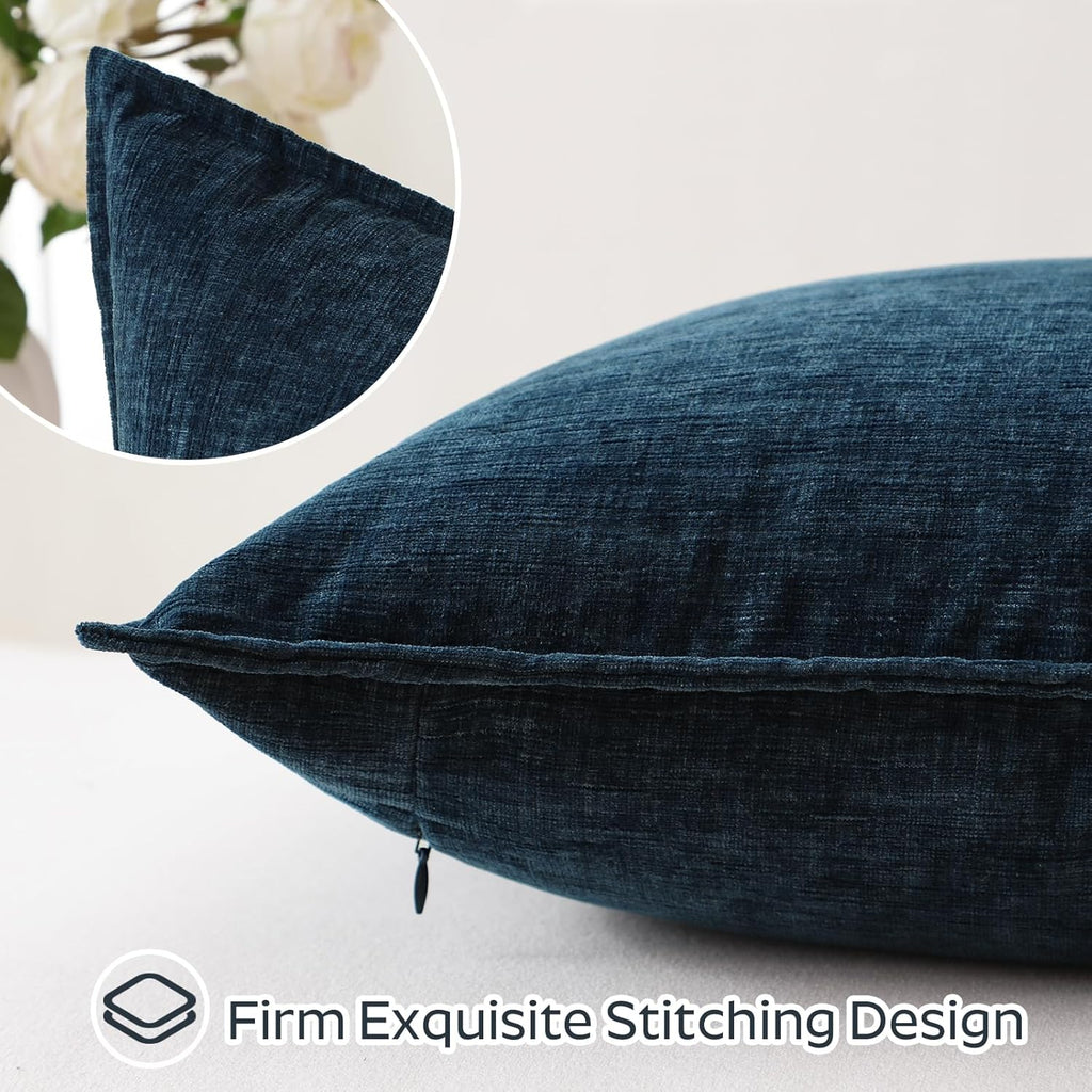 Sungeek Set of 2 Soft Chenille Cushion Covers 45x45cm Square Decorative Throw Pillow Covers with Stitched Edge Solid Dyed Pillow Cases Covers for Home Decor Couch Sofa Bed Living Room, Navy Blue
