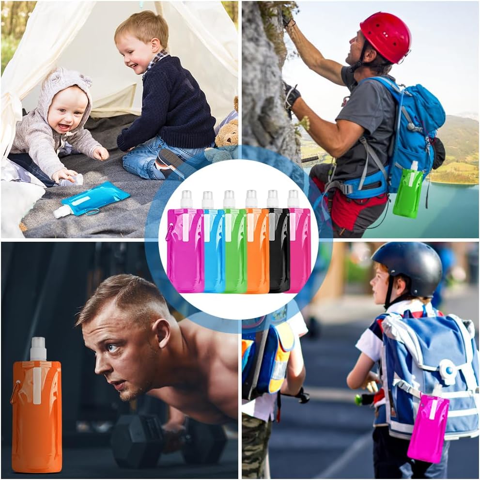 Foldable Sports Bottle, 6pcs Foldable Water Bottle 500mL, Reusable BPA Free Collapsible Water Bottle, Flexible Drink Pouches Bags with Clip for Outdoor Sports, Travel, Biking, Hiking