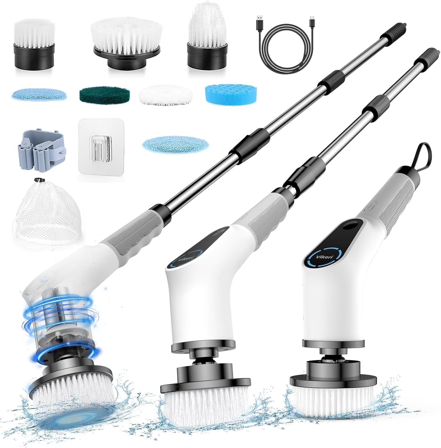 Electric Spin Scrubber, Cordless Electric Cleaning Brush with Adjustable Extension Arm, 8 Cleaning Brush Heads, Power Scrubber for Bathroom, Kitchen,Tiles, Floors, and Bathtubs, White
