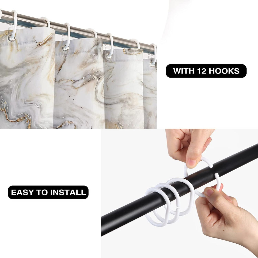 Shower Curtain Mould Proof Mildew Resistant Bathroom Shower Curtains Waterproof Shower Curtain 100% Polyester Marble Shower Curtains with 12 Hooks, 180 x 180 cm (Marble)