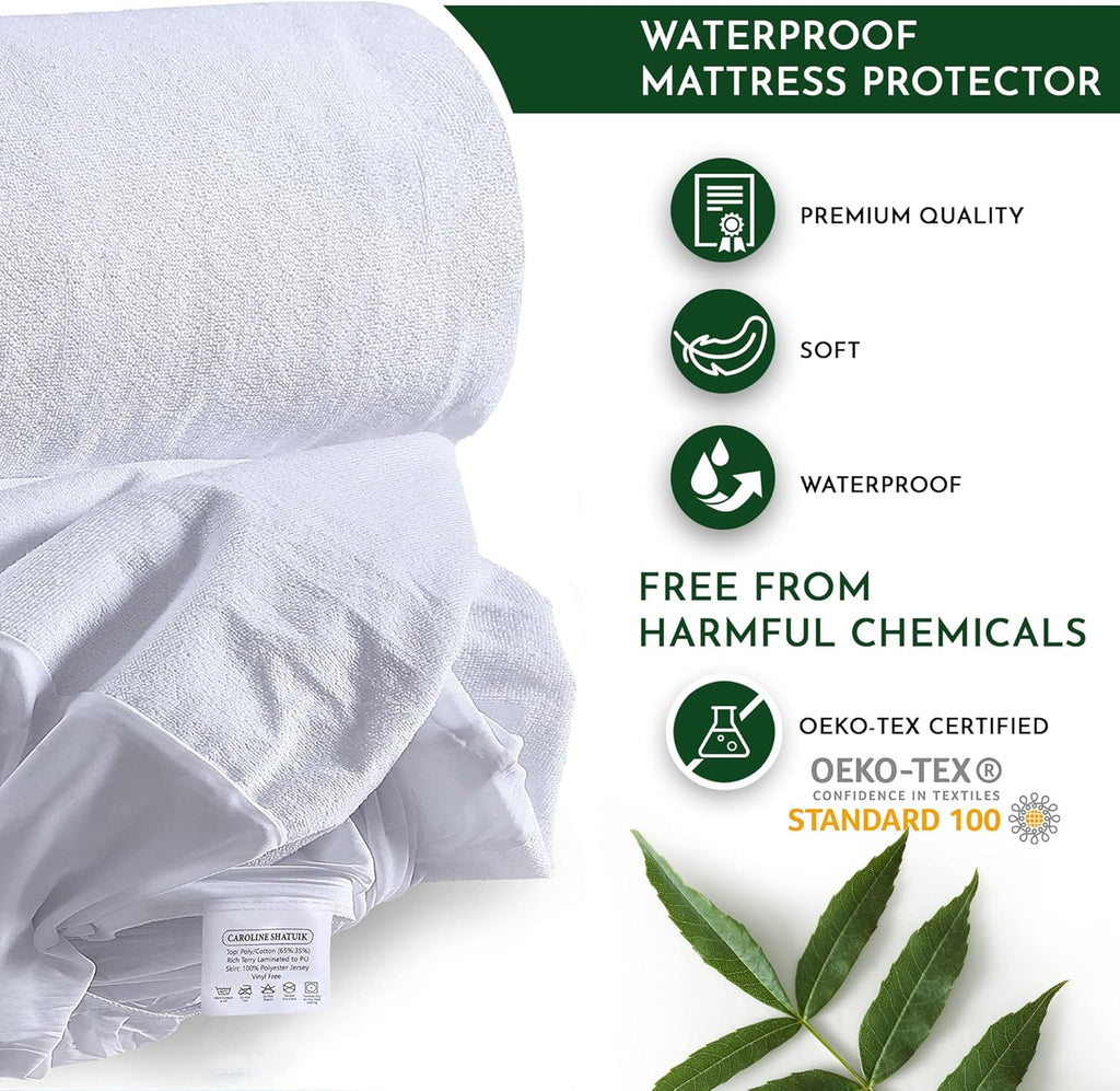 100% Waterproof Mattress Protector Double-30cm Extra Deep Stretch Skirt Non-Noisy Terry Top Fitted Mattress Protector Double Bed Cover(137x190cm)