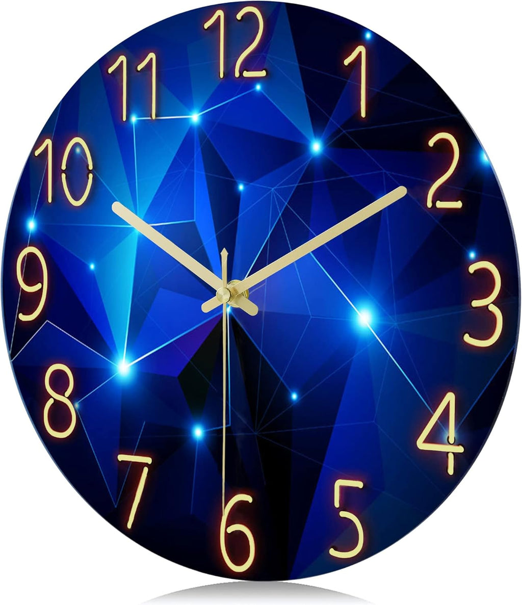 Glass Galaxy Wall Clock Blue, 12 Inch Silent Non-Ticking Battery Operated Modern Decorative Clocks for Living Room Kitchen Bedroom