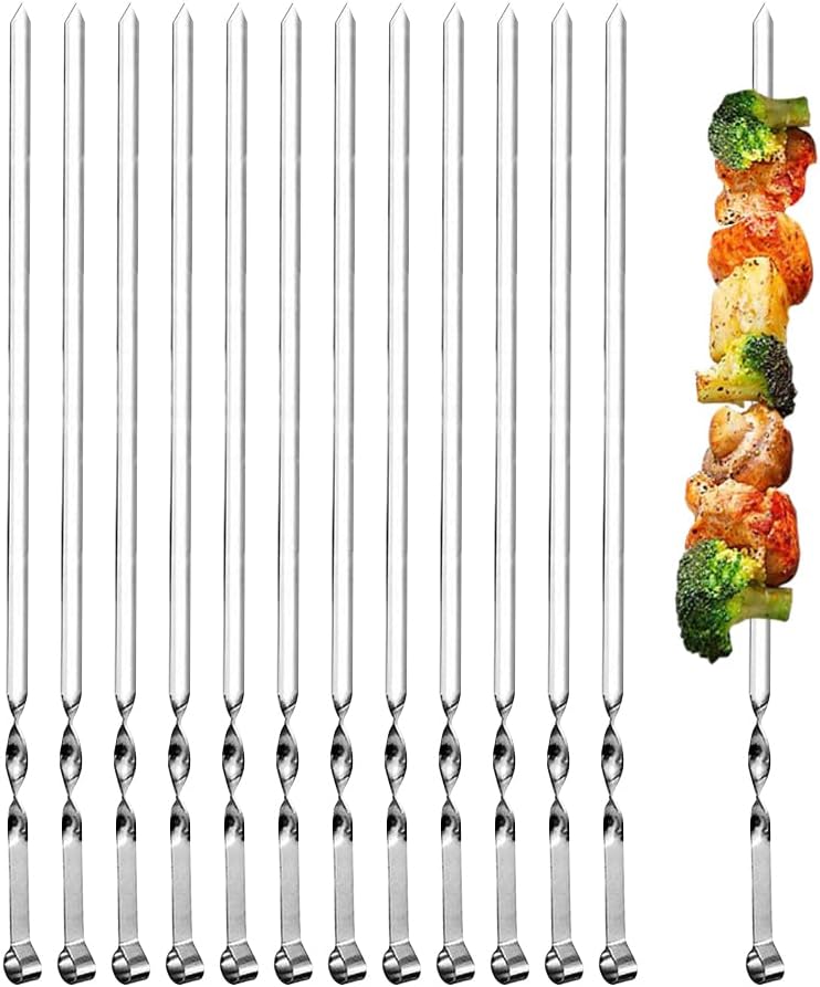 Ram© 1B09W9YRSNQ2 X Kebab Skewers, Set of 12 Stainless Steel BBQ Grilling Skewers Flat Reusable Metal Skewer Sticks for BBQ, Cocktail, Shish Kabob, Party Essentials, 30cm Main image