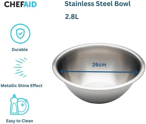 Stainless Steel Mixing Bowl 26 cm Diameter, Perfect Tool for Food Preparation and Serving Freshly Produced Food, 2.8 Litre Capacity, Dishwasher, Fridge and Freezer Safe