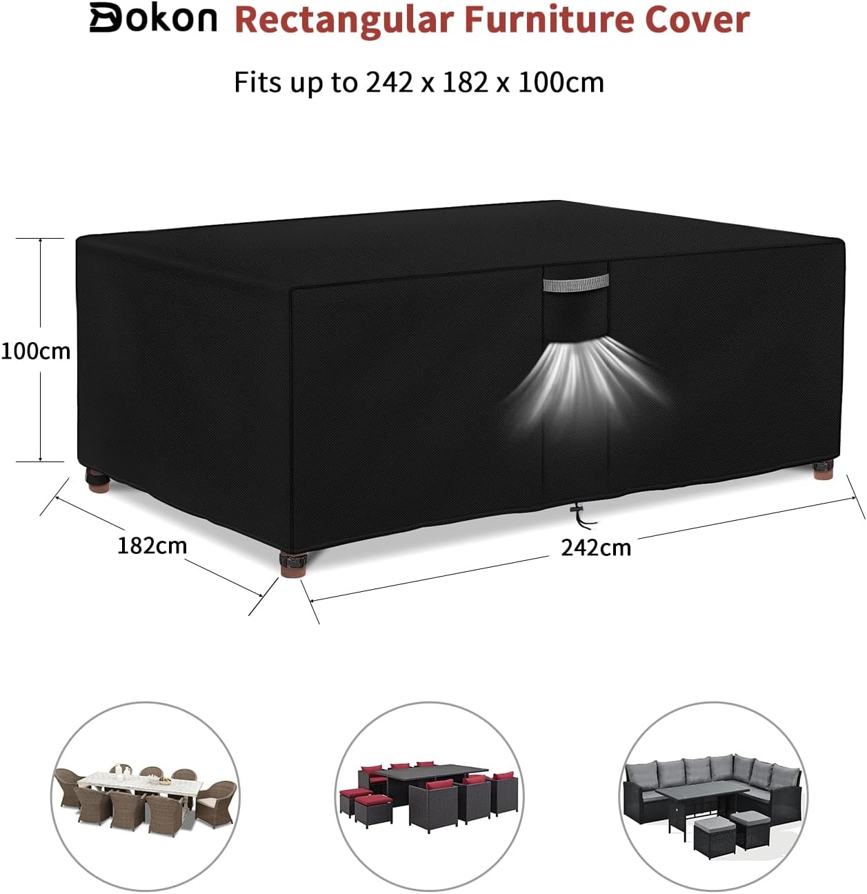 Dokon Garden Furniture Covers Waterproof, 242x182x100cm Heavy Duty 420D Oxford Fabric Windproof Anti-UV Patio Table Cover with Air Vent, Outdoor Table and Chairs Cover, Outside Rattan Sofa Covers