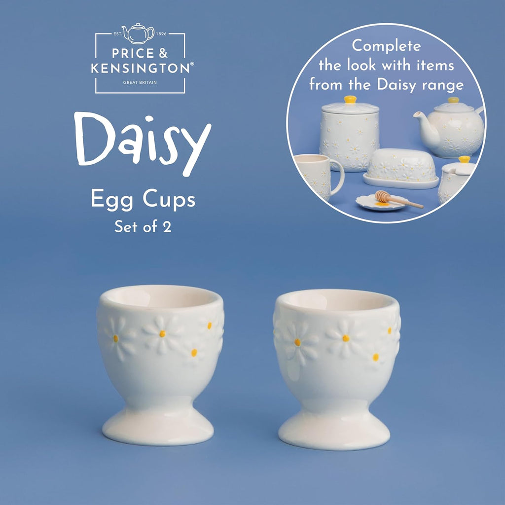 Daisy Set of 2 Egg Cups | Ceramic Egg Holders with Embossed Daisy Design | Dishwasher & Microwave Safe