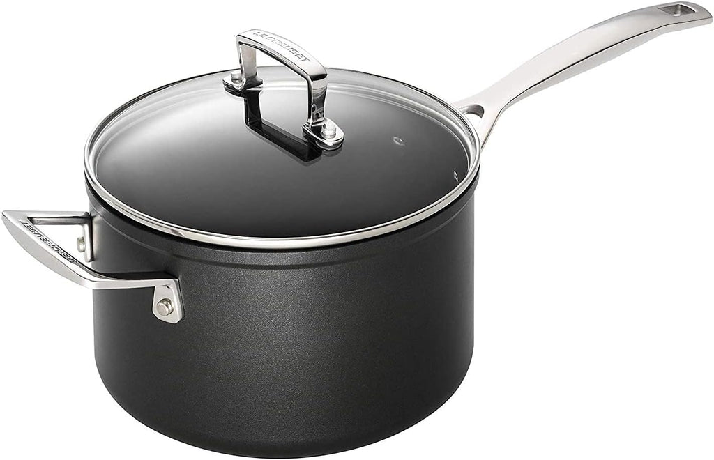 Toughened Non-Stick 18x11.1cm Saucepan with Helper Handle and Glass Lid, Aluminium, 51108180010302, Black