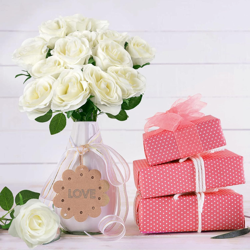 12 Pcs Artificial Roses, White Artificial Flowers Fake Roses Silk Fake Flowers for Garden, Wedding, Indoor and Outdoor