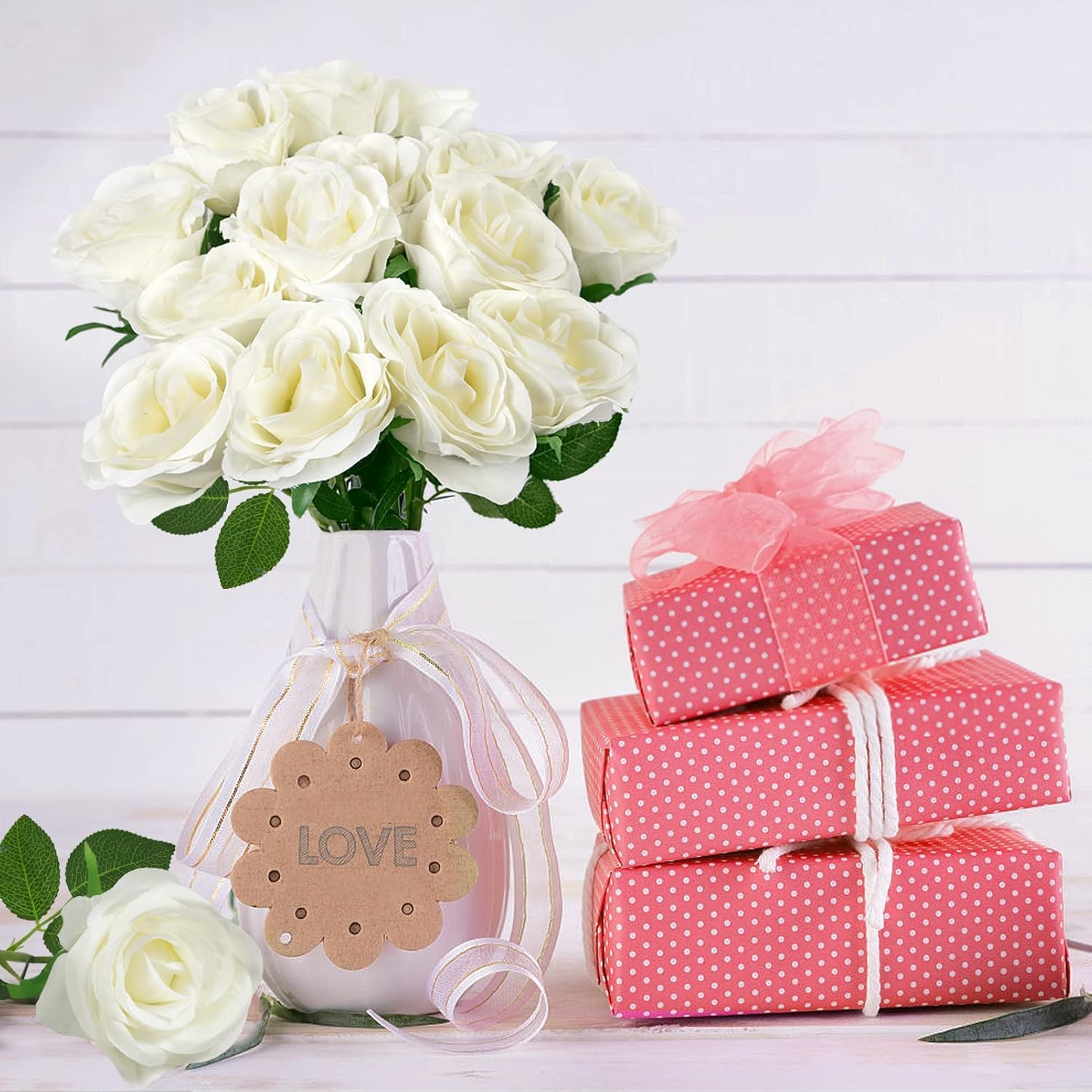 12 Pcs Artificial Roses, White Artificial Flowers Fake Roses Silk Fake Flowers for Garden, Wedding, Indoor and Outdoor
