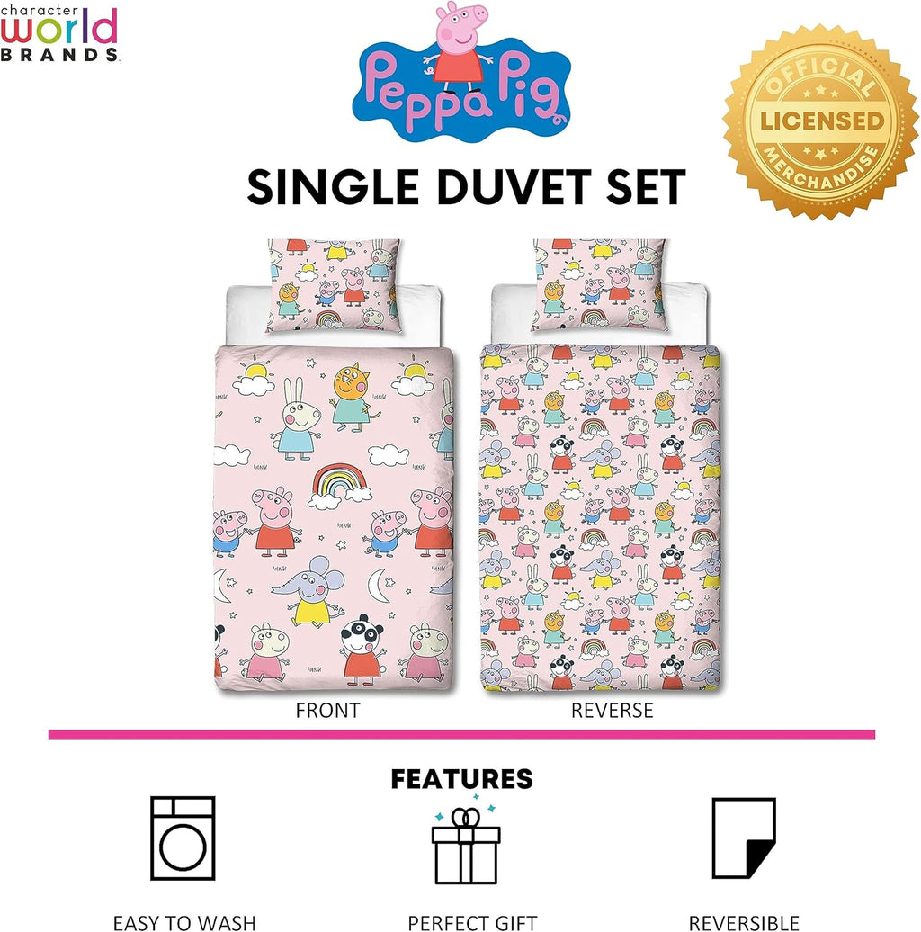 Character World Peppa Pig and Friends Official Single Bed Duvet Cover Set | Colourful Playful Design Reversible 2 Sided Bedding Including Matching Pillow Case