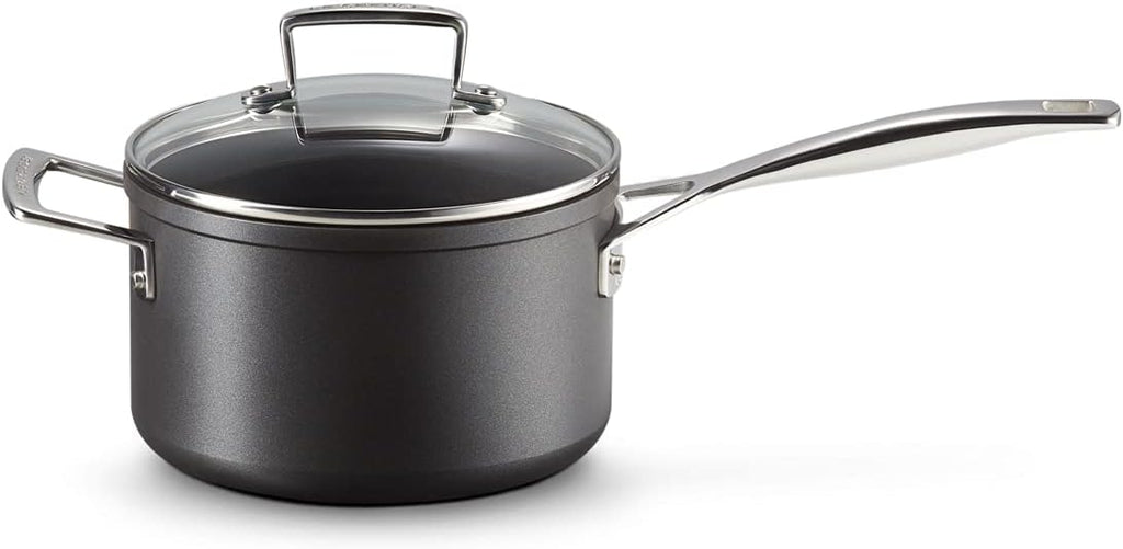Toughened Non-Stick 18x11.1cm Saucepan with Helper Handle and Glass Lid, Aluminium, 51108180010302, Black